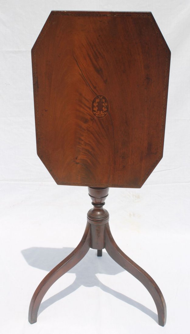 ca 1800 period Federal mahog tilt top spider leg: ca 1800 period Federal mahog tilt top spider leg candlestand w wonderful turned shaft & patera center inlay & checkerboard inlaid border
