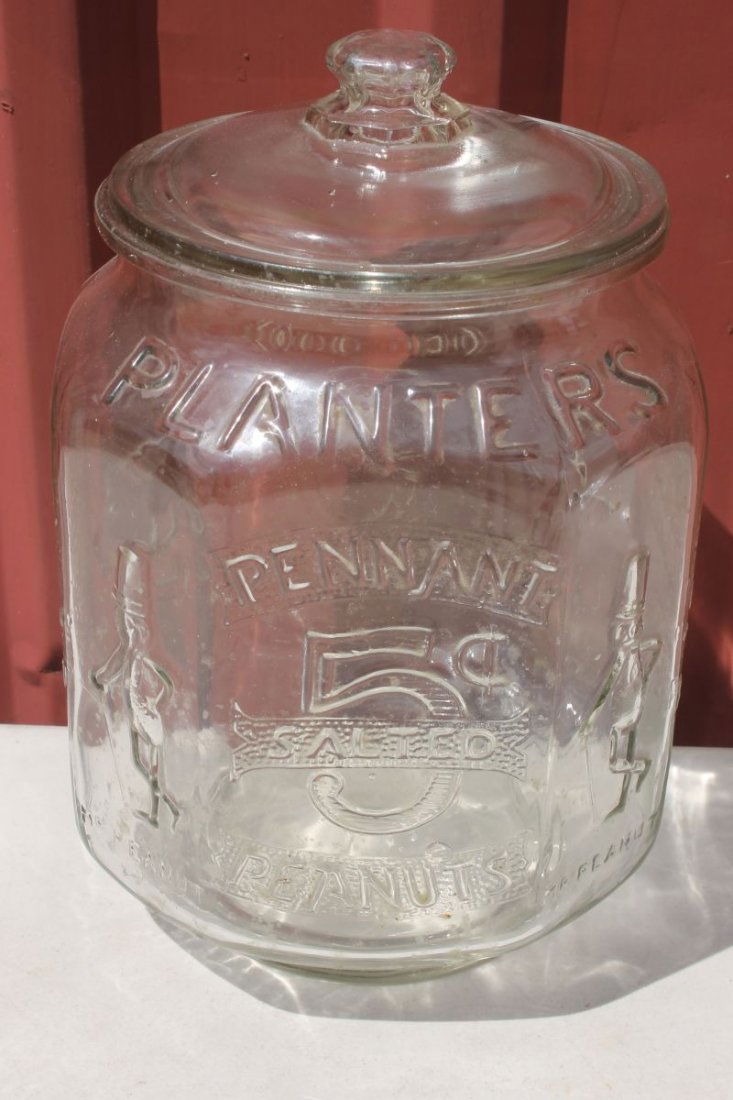 antique large Planter's Peanut country store glass jar: antique large Planter's Peanut country store glass jar w lid - Morris Estate