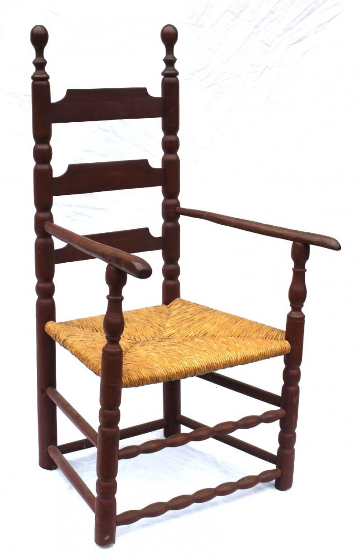 Pilgrim Century MA maple sausage turned slat back: Pilgrim Century MA maple sausage turned slat back "Great Chair" (ladderback) in old red paint w rush seat - 44" tall