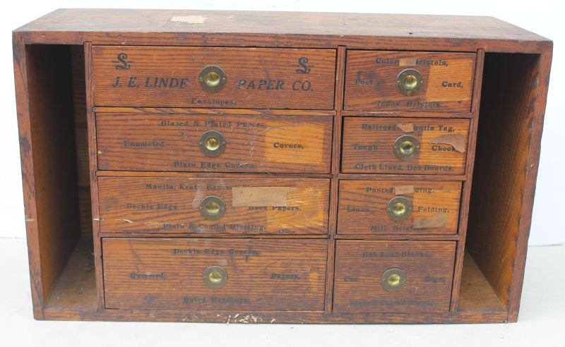 turn of the century sgnd "J. E. Linde Paper Company": turn of the century sgnd "J. E. Linde Paper Company" multi-drawer office box in orig old surface - 24 1/2" wide x 14 1/2" tall - Monson Estate