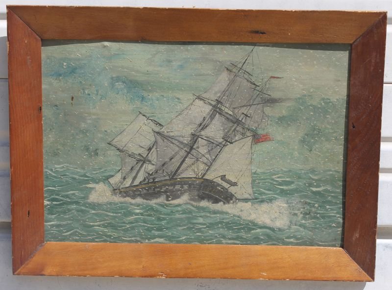 10"x14 3/4" o/bd antique rare depiction of an American: 10"x14 3/4" o/bd antique rare depiction of an American ship at sea in a snow storm