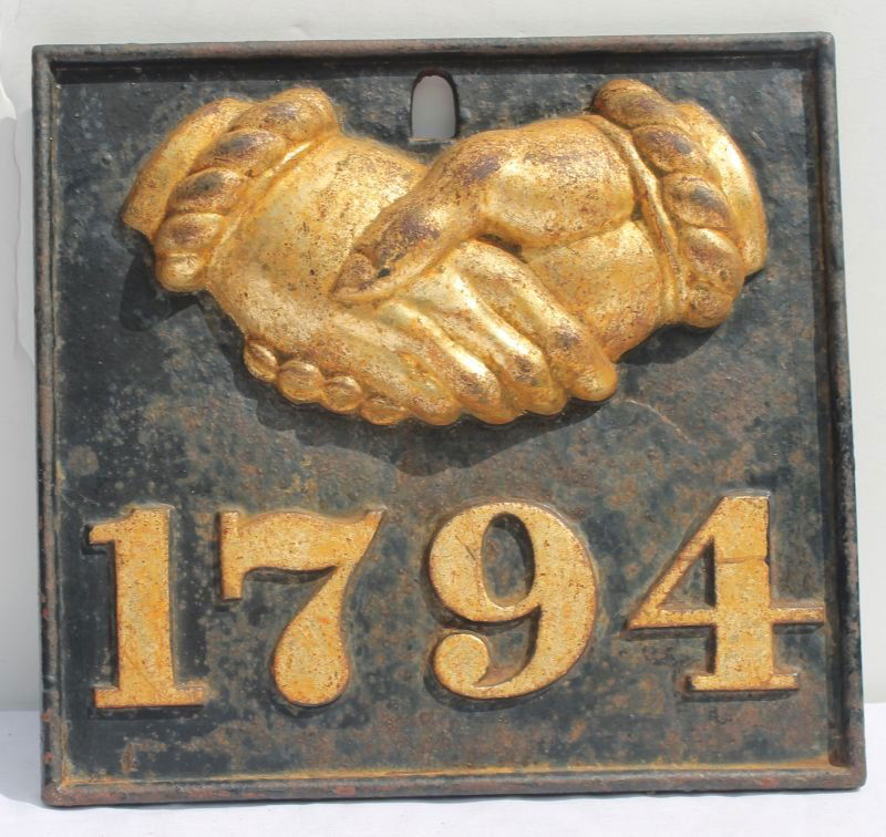 rare ca 1800-1820 cast iron Baltimore Fire Society: rare ca 1800-1820 cast iron Baltimore Fire Society firemark depicting clasped hands in relief - in orig paint - The 1794 represents the founding date