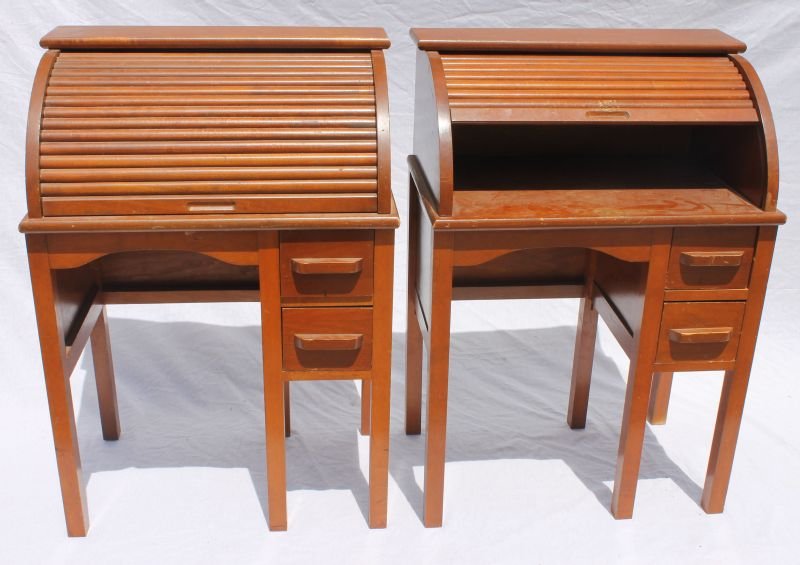 pr of maple mid-century child's C-Roll roll top single: pr of maple mid-century child's C-Roll roll top single pedestal desks