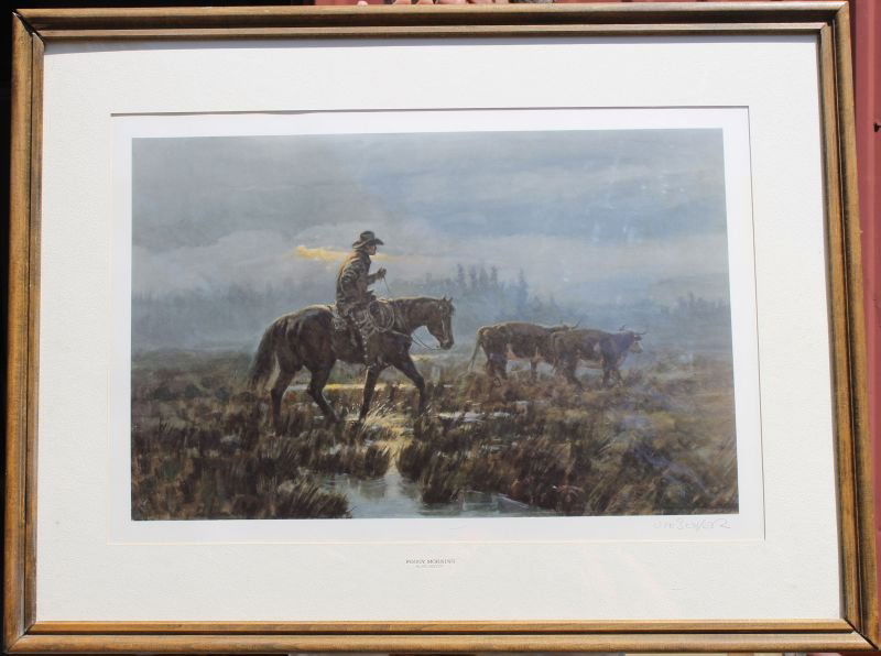 hand signed print by Joe Beeler titled "Foggy Morning": hand signed print by Joe Beeler titled "Foggy Morning" of a Southwestern cowboy scene - nicely framed & matted - overall size 26"x34"