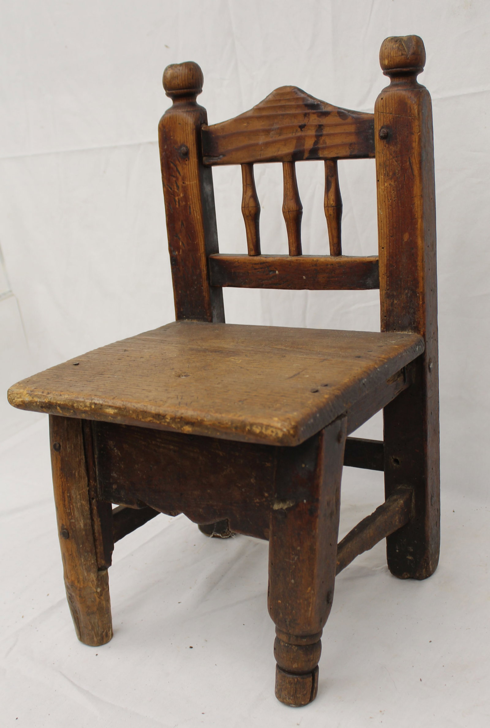 18thC wooden child's chair w plank seat - 20" tall x 11" wide x 11" deep (1 of 8)