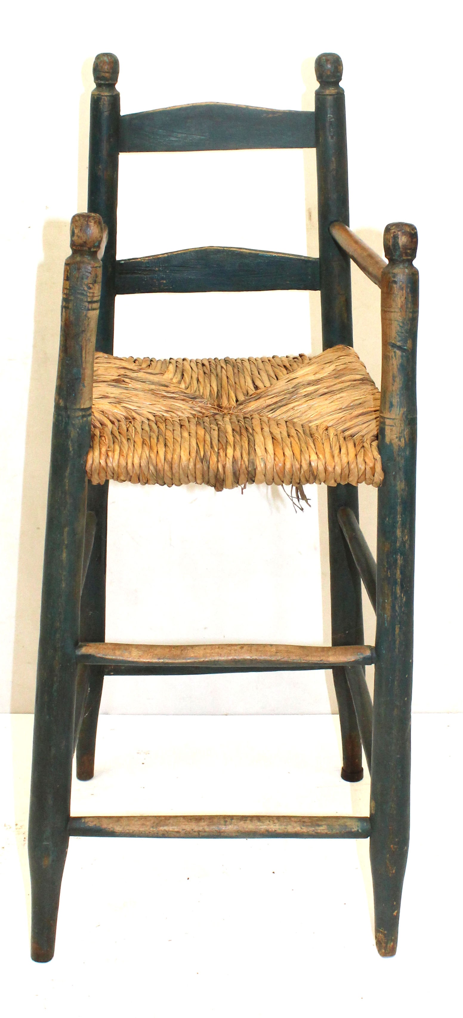Antique youth high chair in blue paint w rush seat - 35 1/2" tall x 12" wide x 15" deep: Antique youth high chair in blue paint w rush seat - 35 1/2" tall x 12" wide x 15" deep