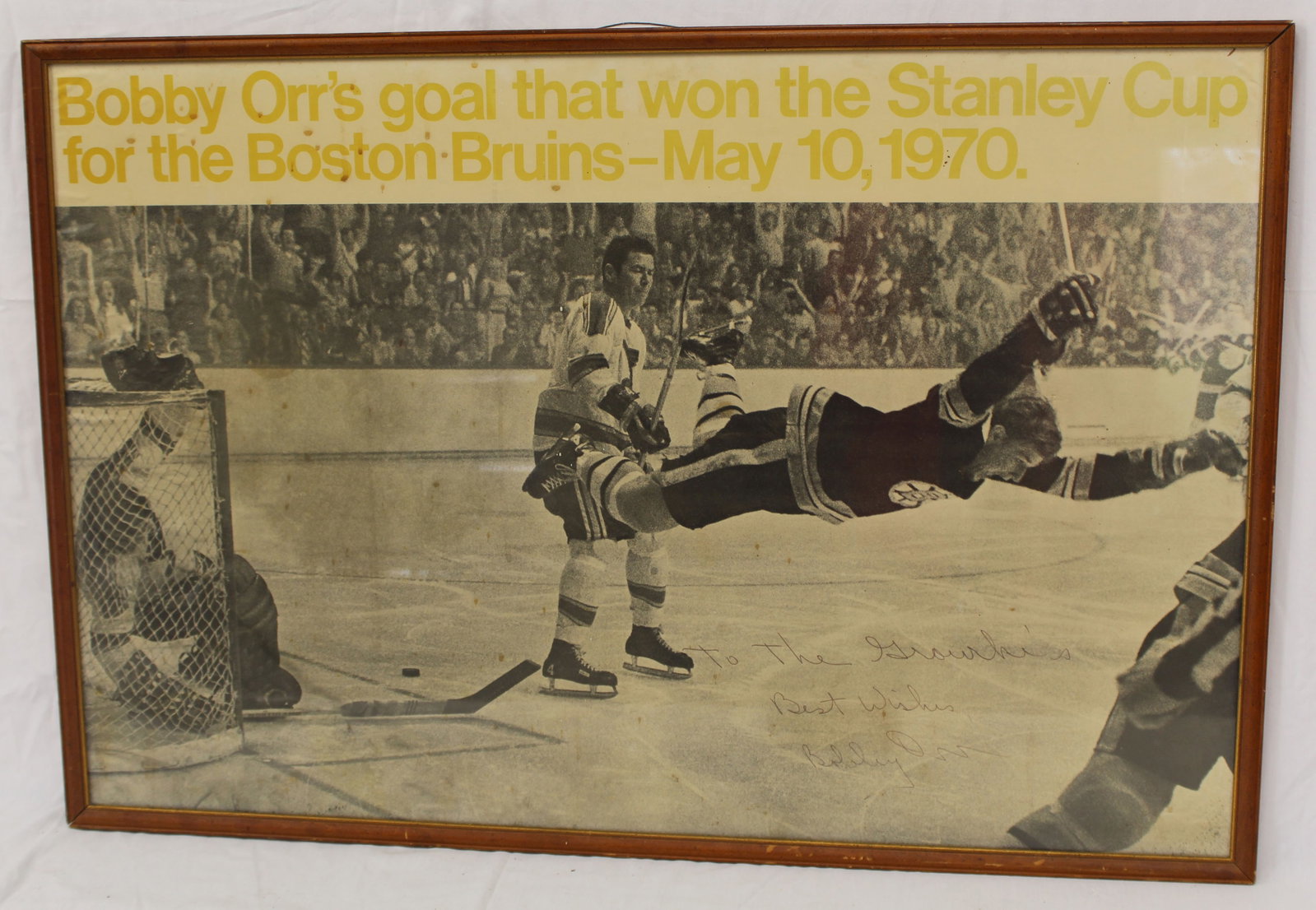 Vintage framed autographed Bobby Orr poster depicting Bobby Orr's goal that won the Stanley Cup in (1 of 5)