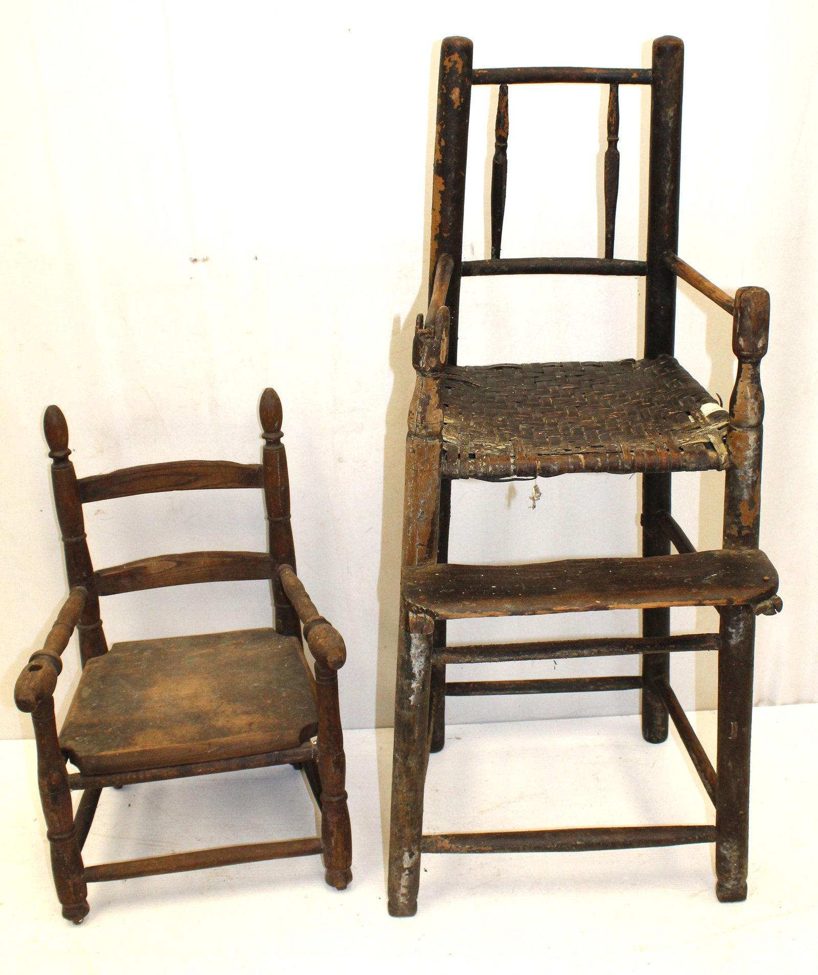 Lot of 2 19thC youth chairs - 38" tall x 14"x16" & 20 1/2"x12 1/2"x14 1/2" (1 of 7)