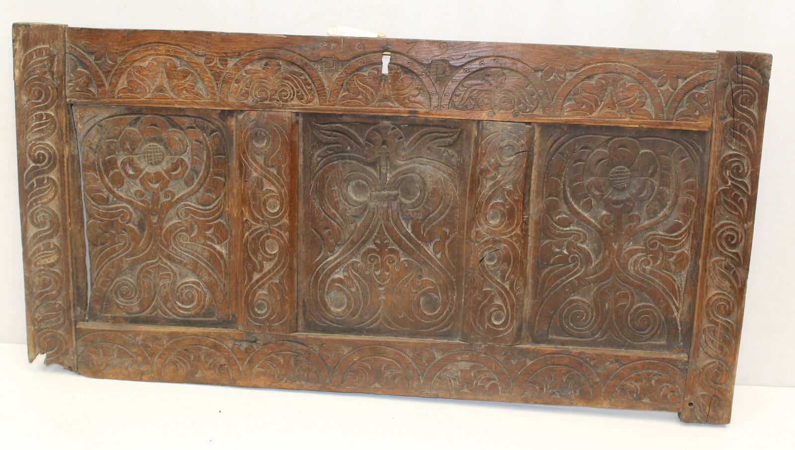 Antique carved wooden blanket chest front panel - used as a wall hanging - 23 1/2" x 45" (1 of 8)
