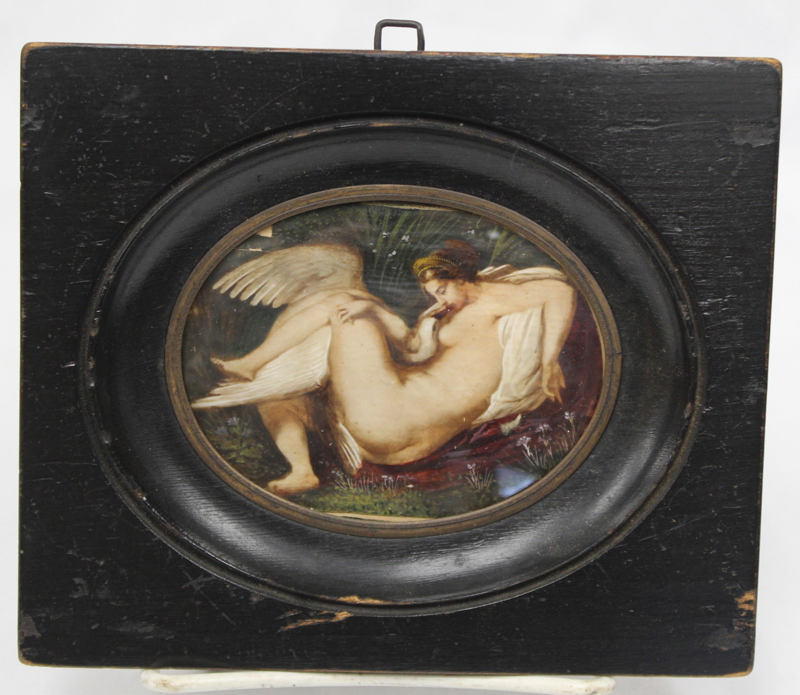 Small antique oval oil painting depicting Leda & The Swan - 5"x6" (1 of 3)