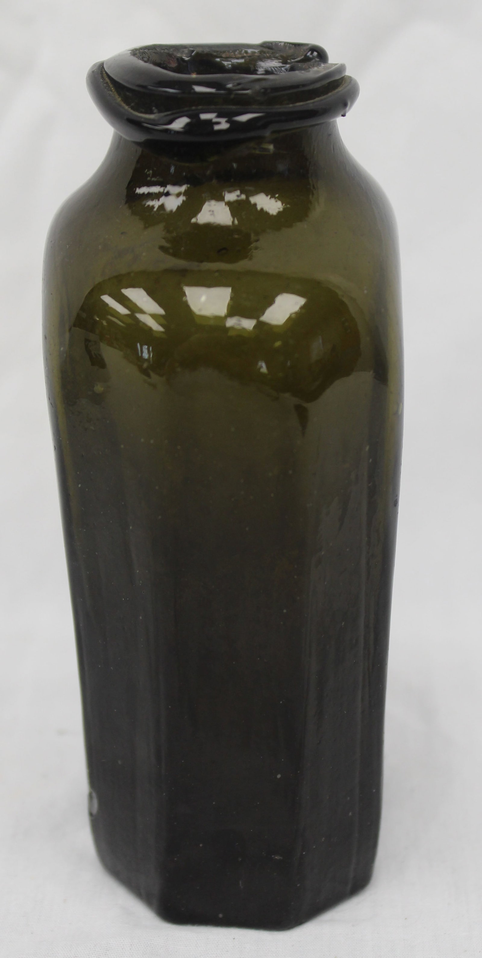 Early dark green glass hexagonal utility bottle - 5 1/2" tall - 3