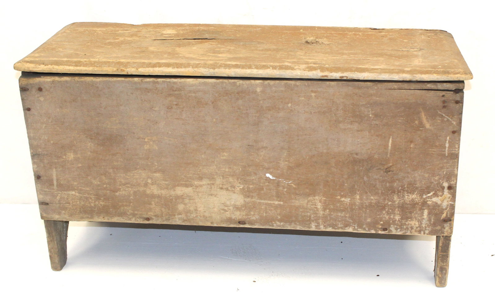 Antique diminutive blanket chest in putty paint w half moon cutout sides - 18 1/2" tall x 34" wide x (1 of 9)