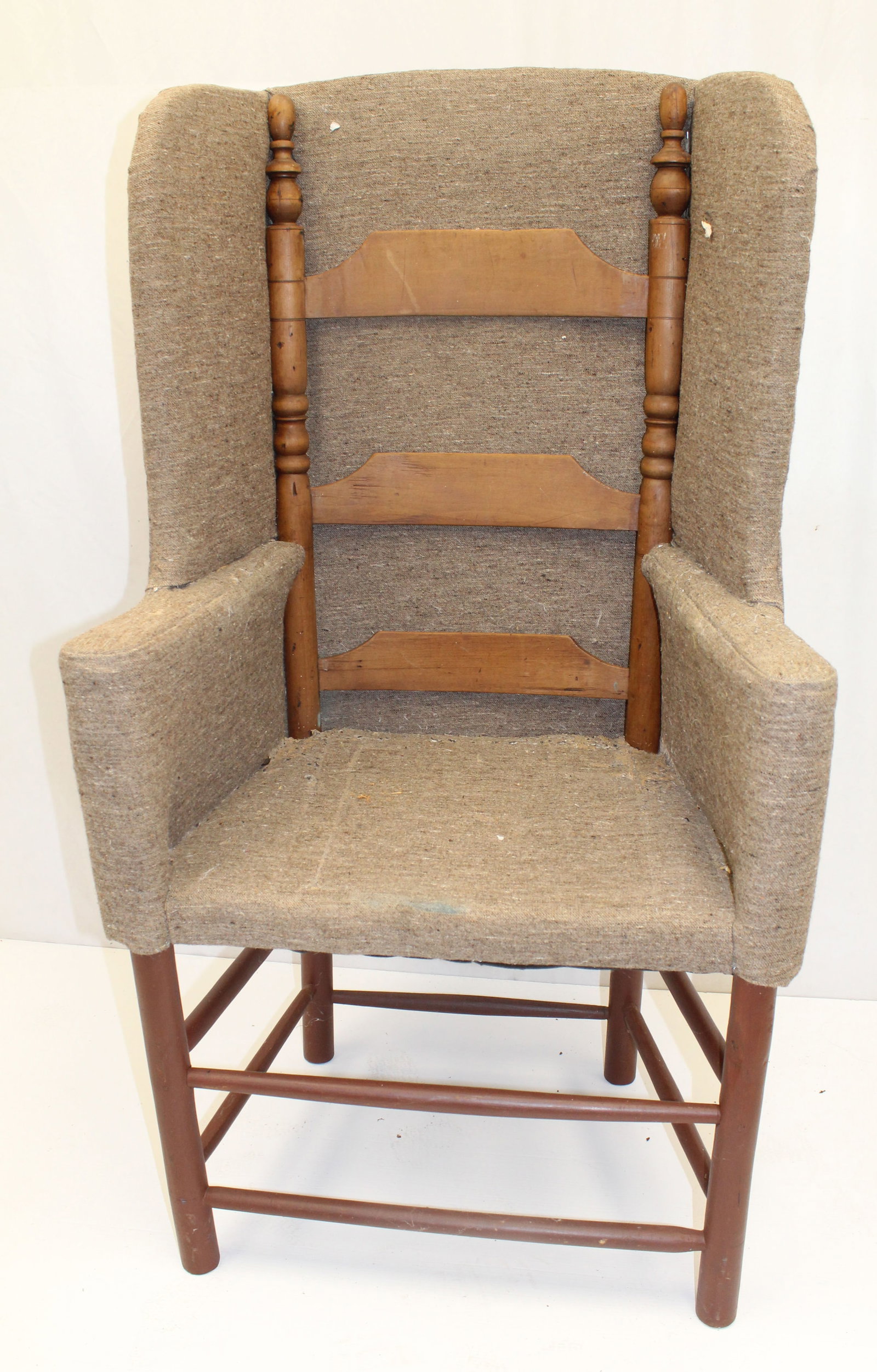Interesting form antique make-do upholstered wing/ladder back armchair - 46" tall x 26" wide x 17 (1 of 8)
