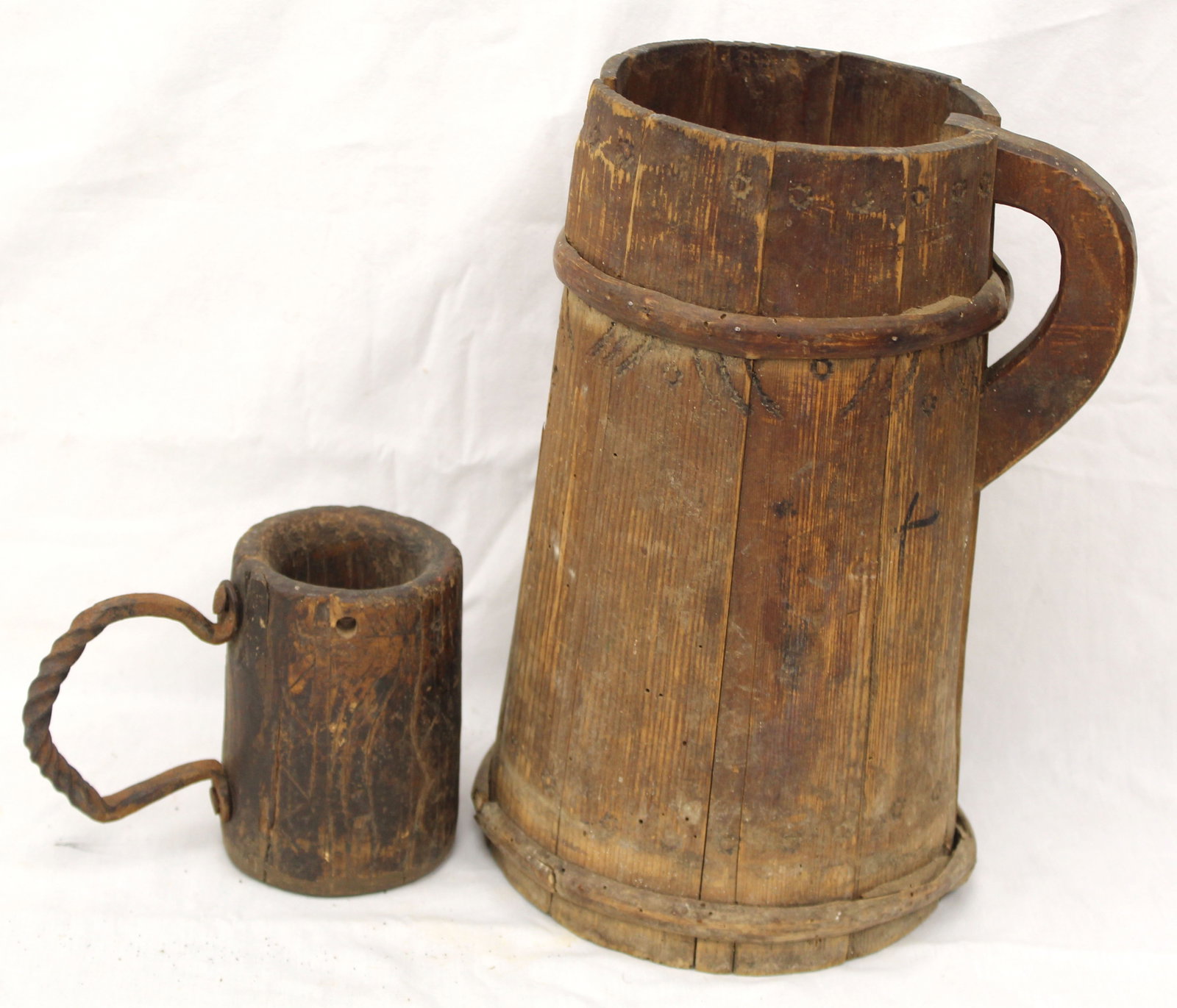 Lot of 2 antique wooden tankard & mug w make-do iron handle - 11 1/2" & 4 3/4" tall: Lot of 2 antique wooden tankard & mug w make-do iron handle - 11 1/2" & 4 3/4" tall
