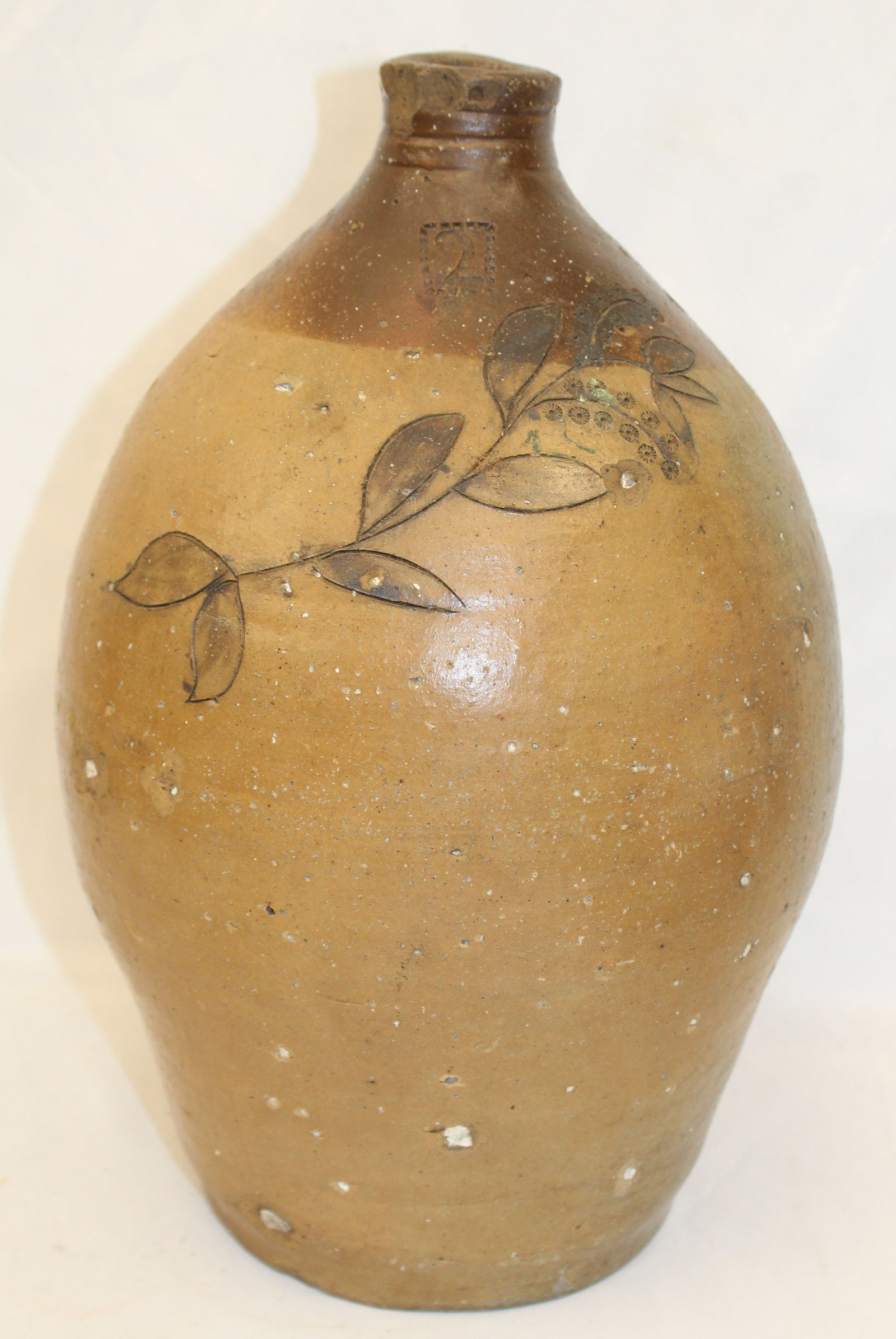 Antique stoneware 2 gal ovoid jug w floral incised decoration - 15" tall (1 of 13)