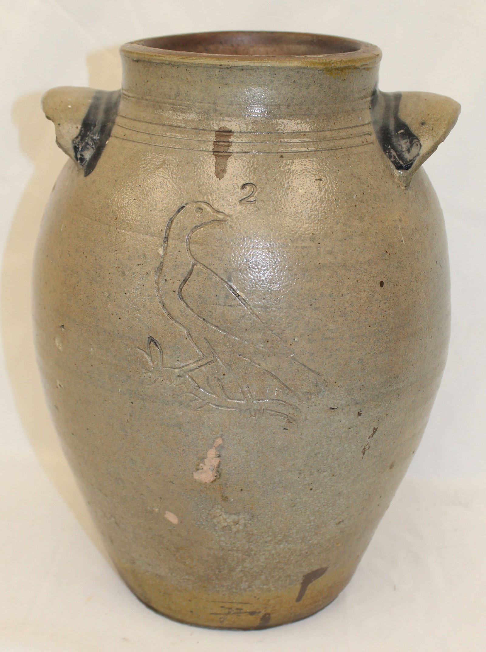 Antique Wm Pecker stoneware 2 gal ovoid jar w incised bid on branch & flower dec - 12 1/2" tall (1 of 12)