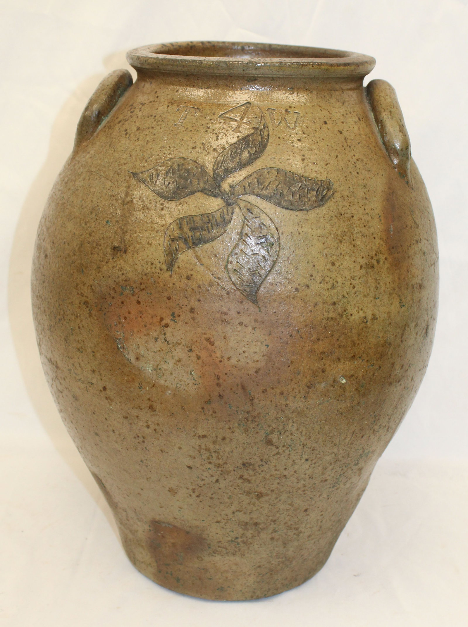 Antique Thomas Warne stoneware 4 gal ovoid jar w incised floral dec - 16" tall (1 of 8)