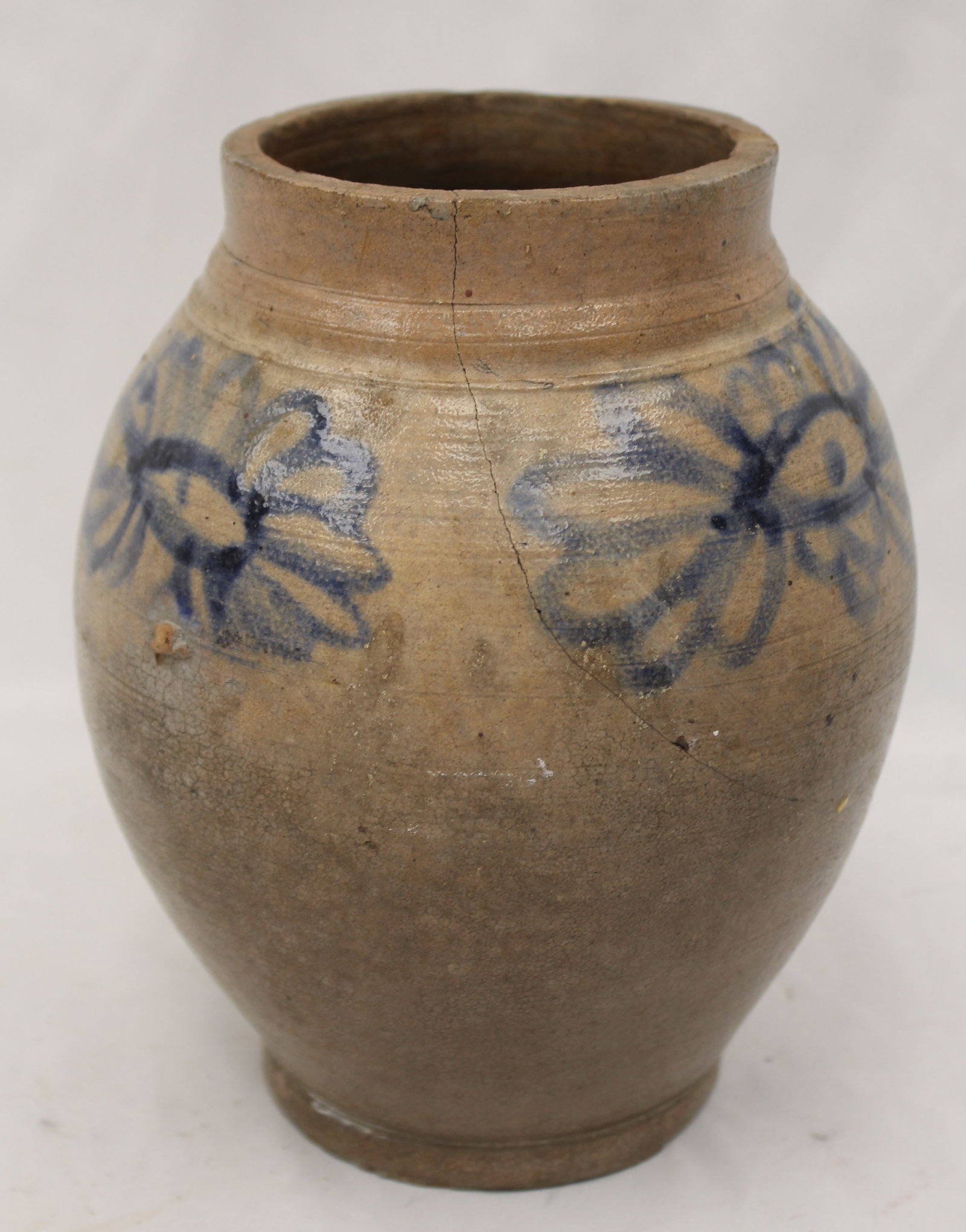 Antique stoneware ovoid jar w cobalt floral decoration - as found - 8" tall (1 of 7)