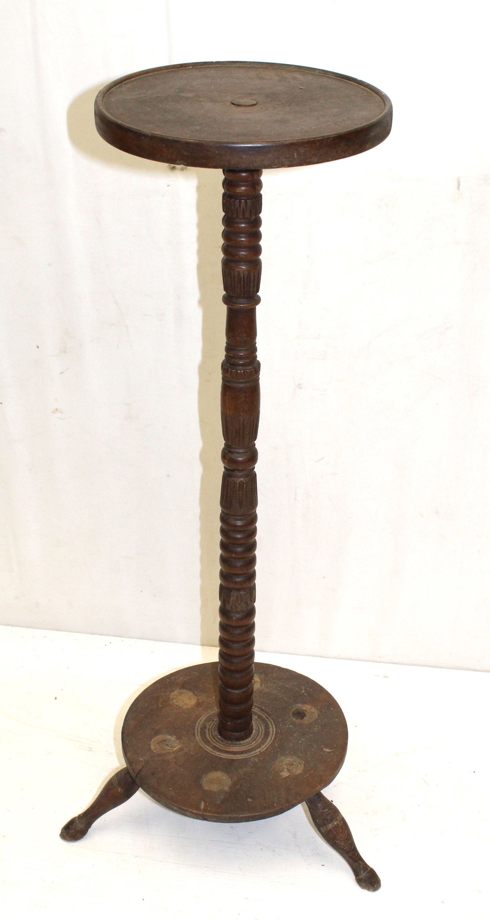 Antique tall tri-ftd candlestand w turned shaft - 34" tall x 10" diam (1 of 4)
