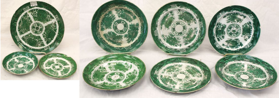Lot of 9 antique Chinese Export Fitzhugh green decorated porcelain plates - almost all with make-do: Lot of 9 antique Chinese Export Fitzhugh green decorated porcelain plates - almost all with make-do staple repairs - 6" - 10" diam