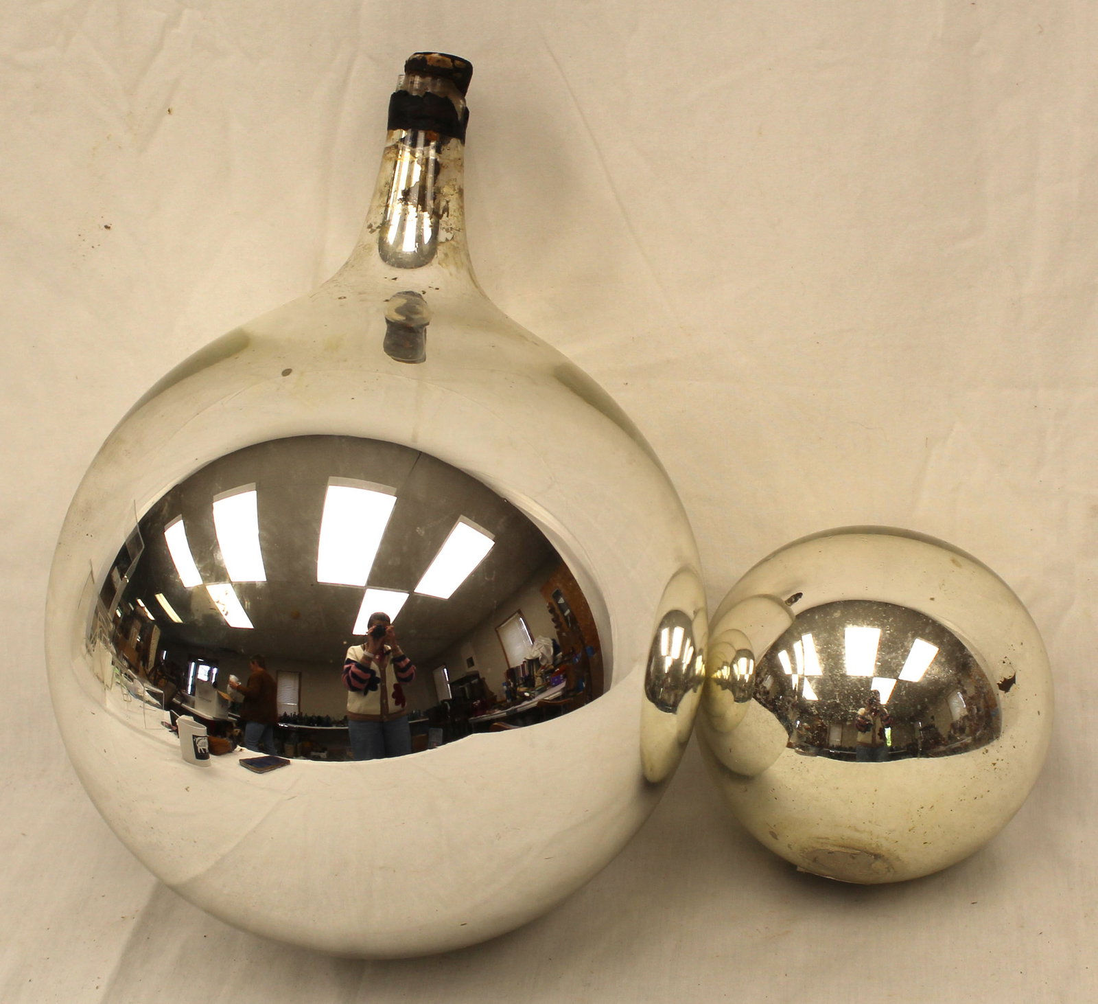 Lot of 2 Mercury Glass witch's balls - 16" tall & 6 1/2" diam (1 of 7)