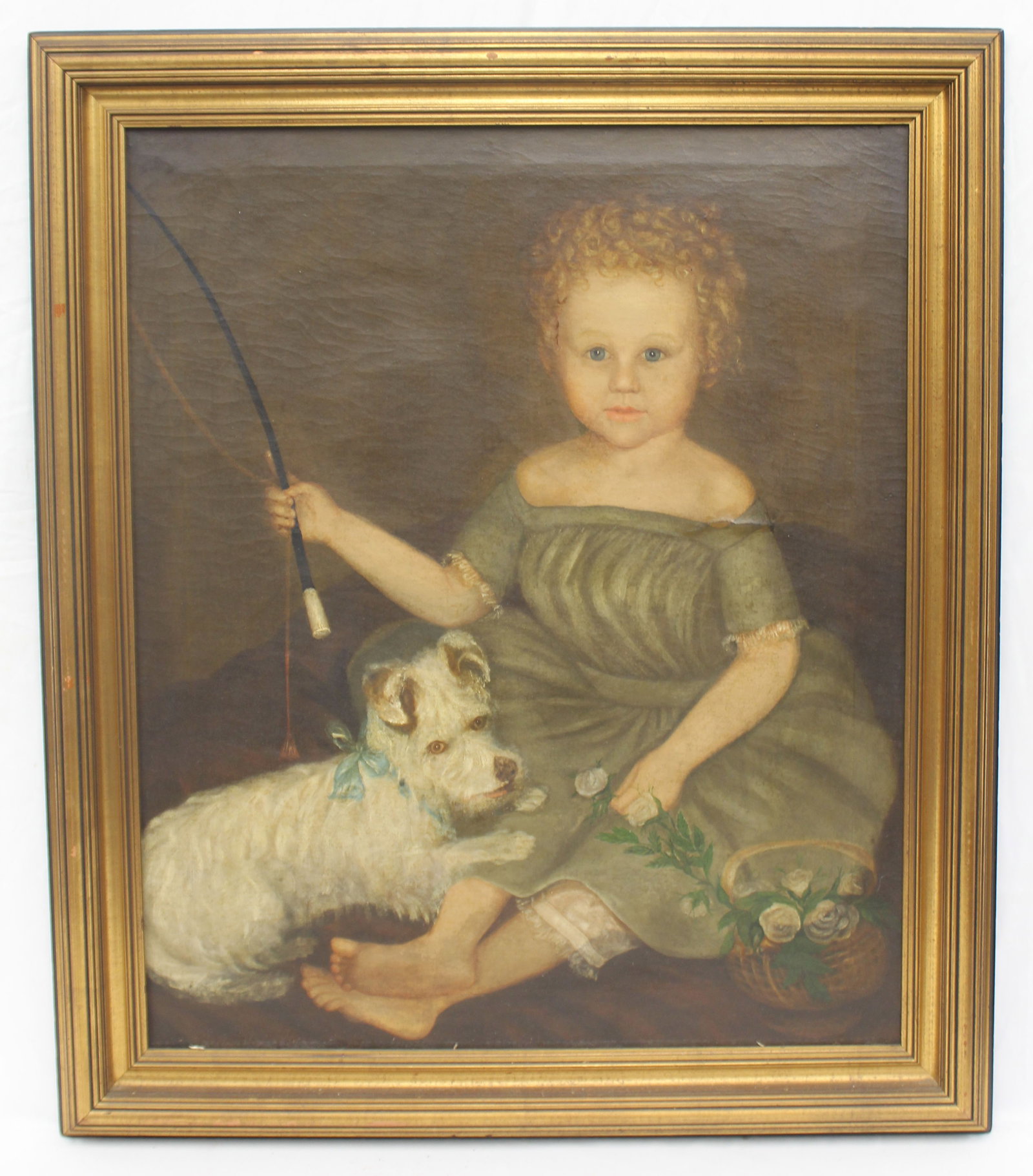 Antique o/c portrait of a child holding a whip w white dog - overall framed size 35"x30" (1 of 11)