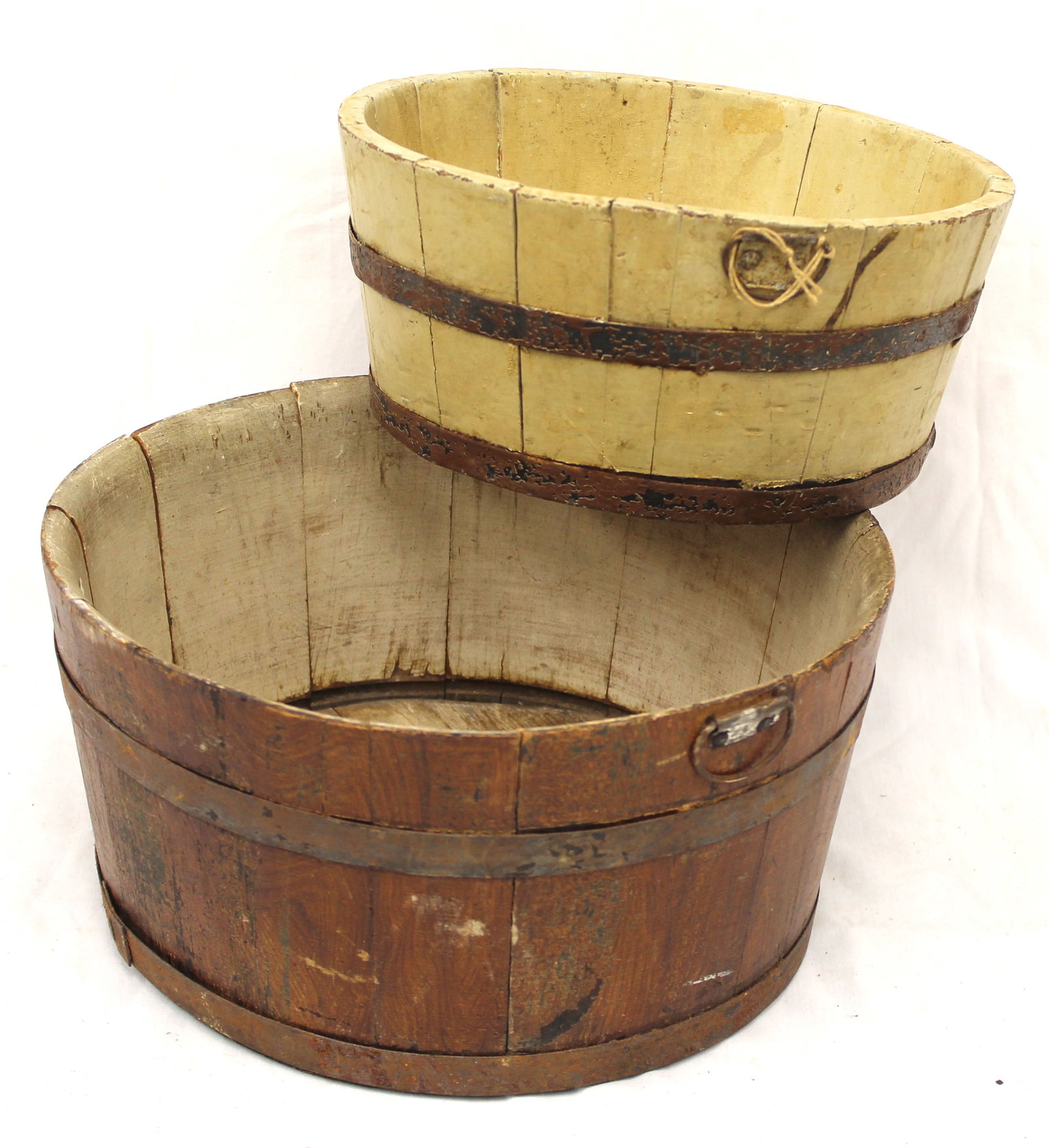 Lot of 2 antique wooden painted iron banded utility buckets in paint decoration - 6" tall x 9 1/2" (1 of 8)