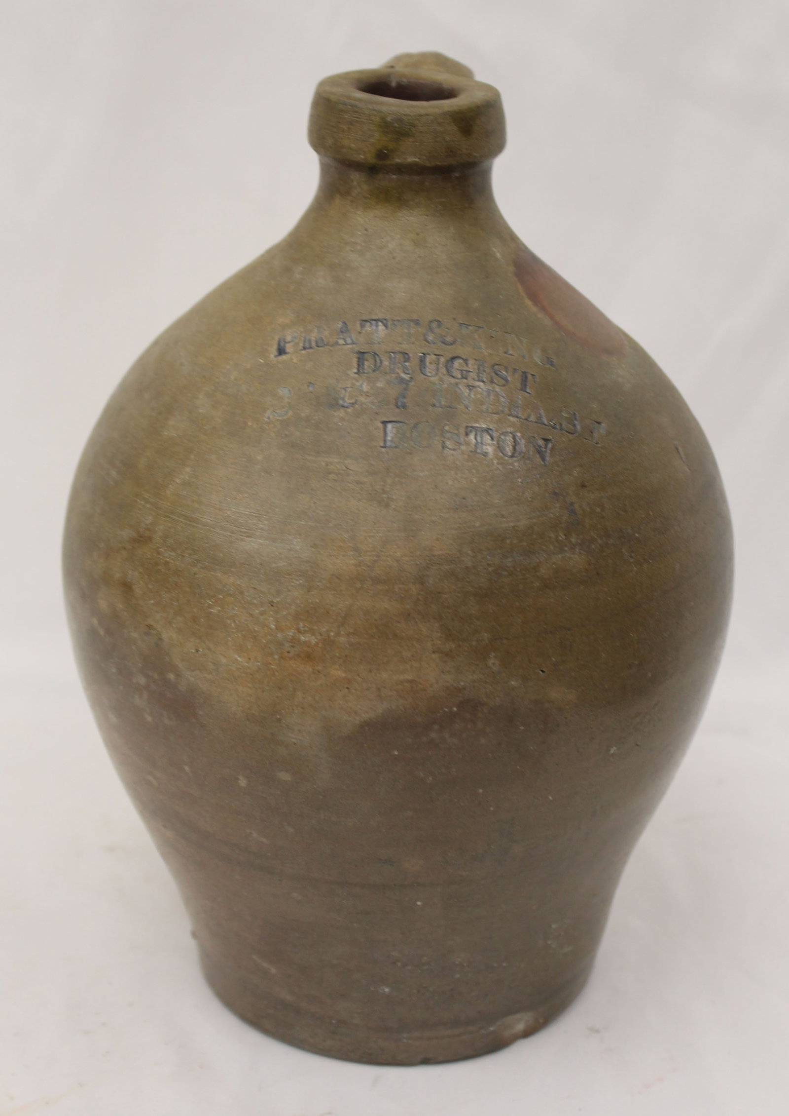 Antique stoneware ovoid merchant's jug "Pratt & King Druggist 26&27 India St Boston" - 9" tall (1 of 9)