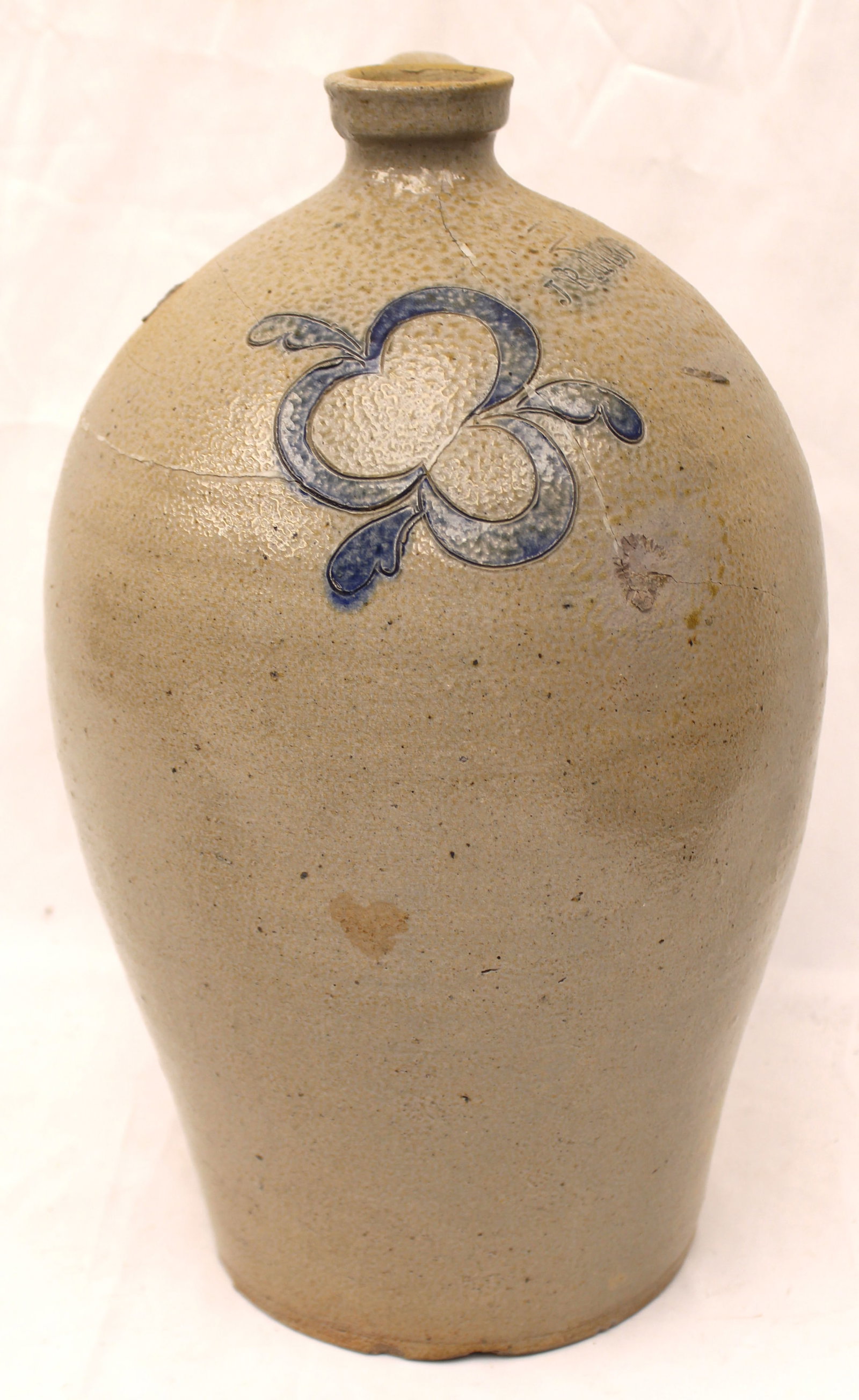Antique J. Rambo 3 gal stoneware jug w incised & cobalt floral dec - 17" tall (1 of 10)