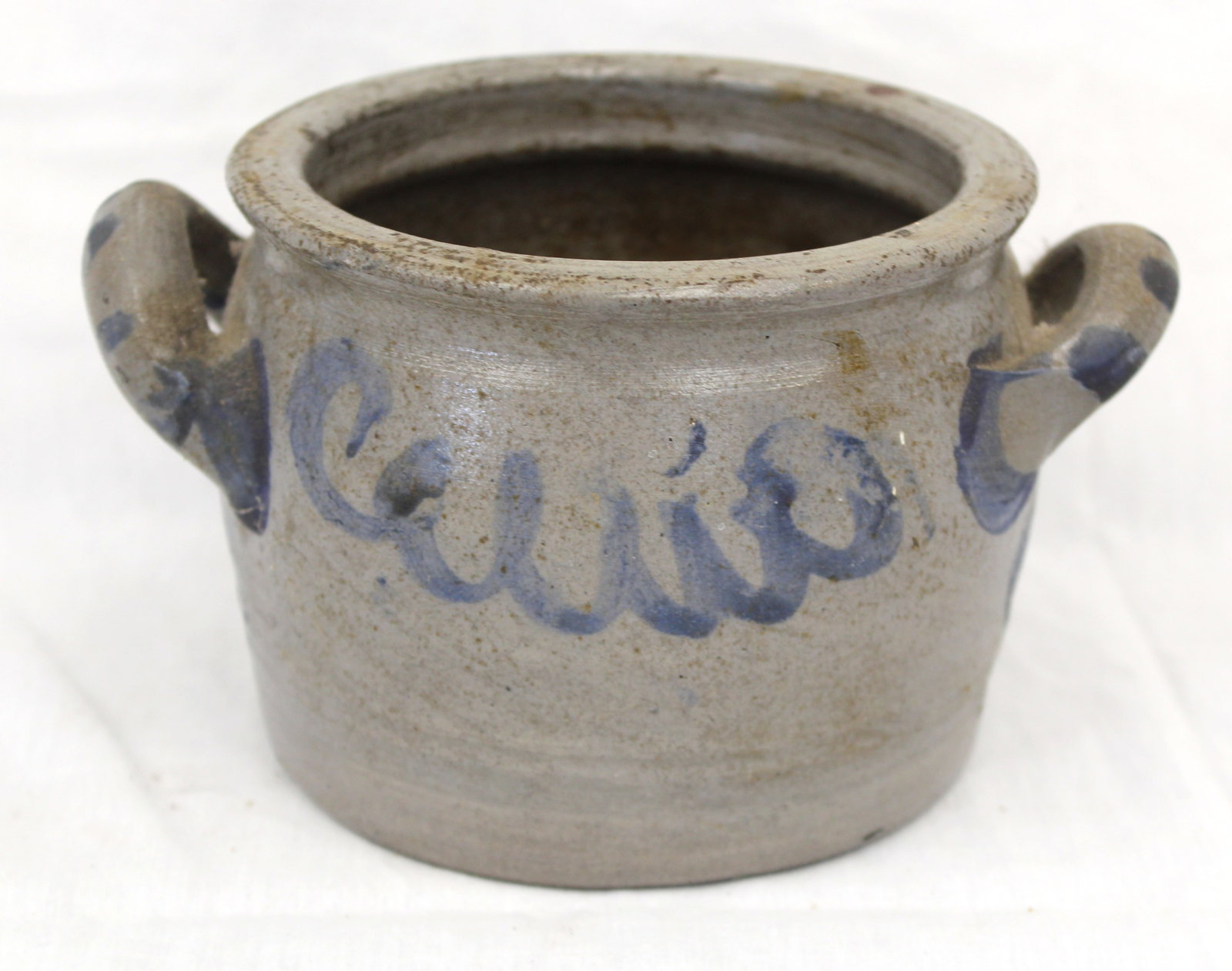 Antique stoneware 2 handled crock w cobalt decoration - 4 1/2" tall x 5 1/4" diam (1 of 10)