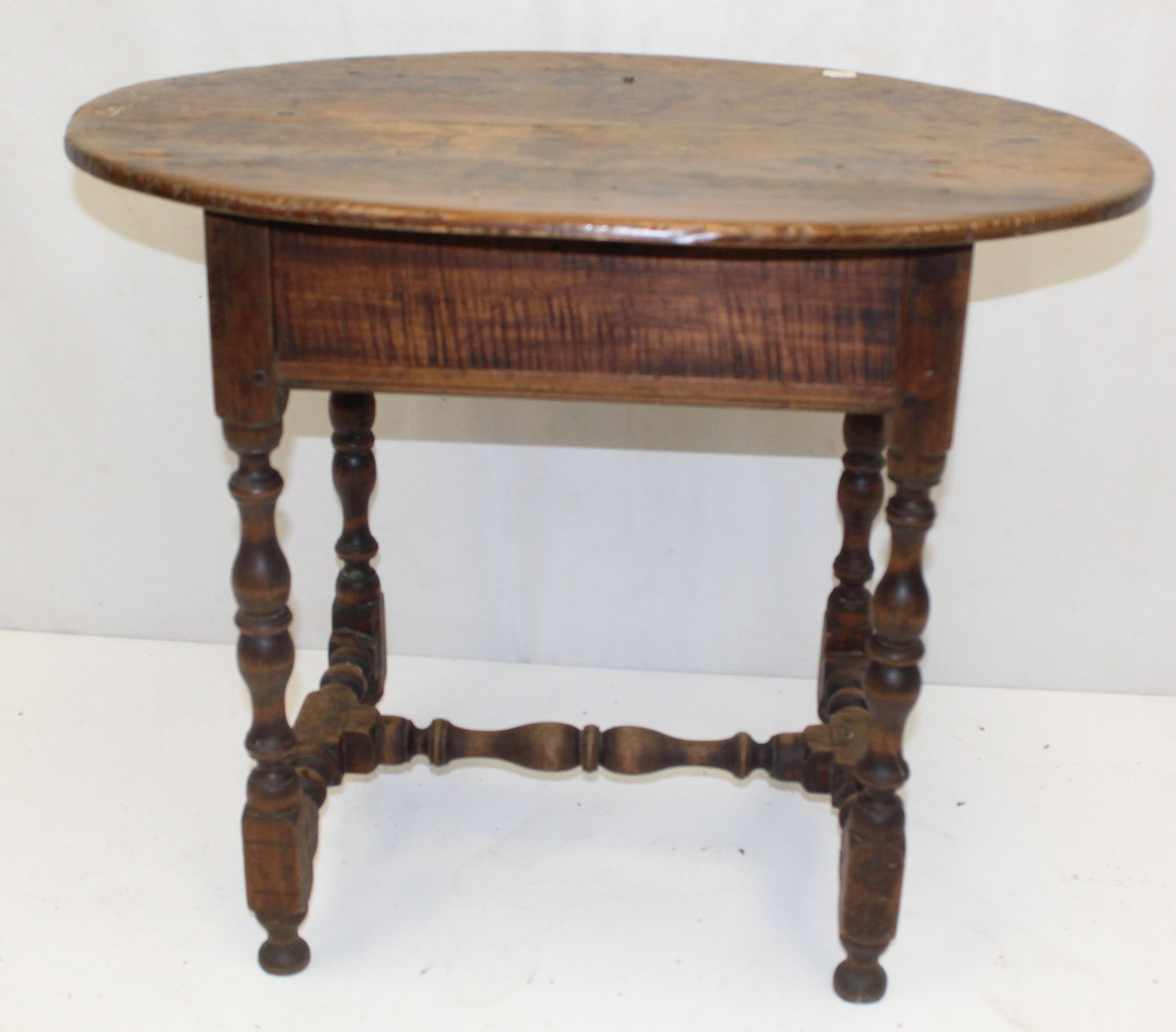 Antique oval top 1 drawer tavern table w tiger maple drawer front - 24" tall x 29 wide x 22" deep (1 of 10)