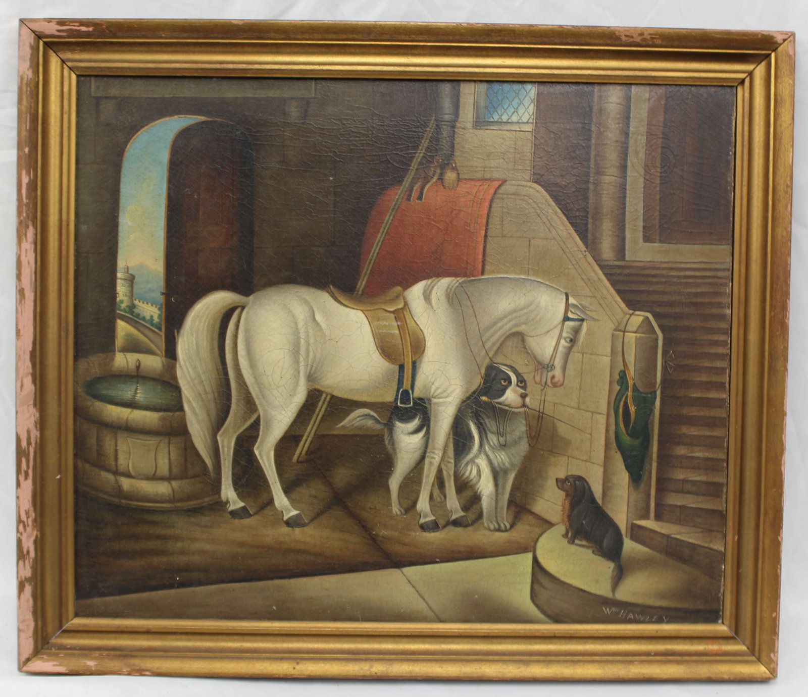 Signed Wm Hawley o/c of a white horse w 2 dogs - overall framed size 25"x29" (1 of 10)