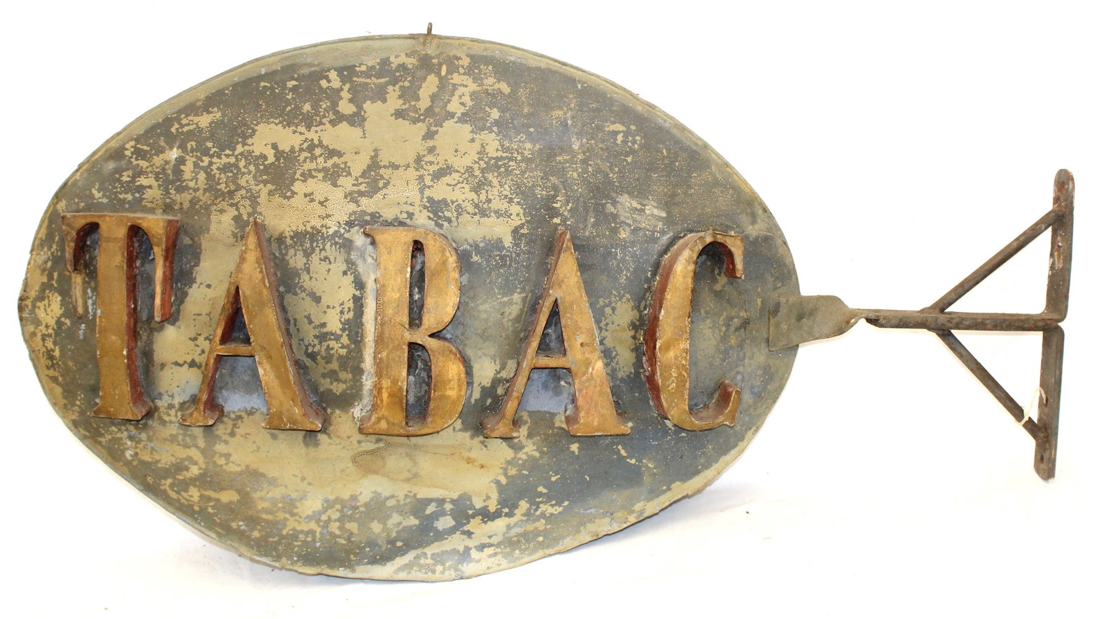 Antique zinc or tin trade sign "TABAC" w wrought iron hanger - 23" tall x 42" long (1 of 8)