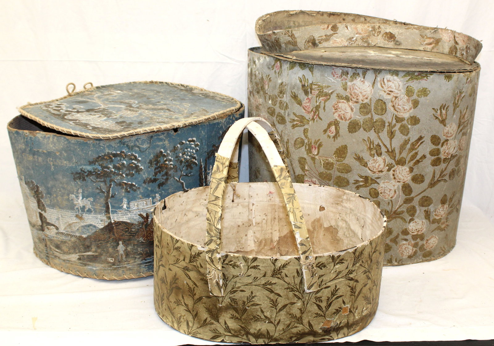 Lot of 3 antique large wallpaper boxes - all in as found condition - 16" tall x 18"x15", 13" tall: Lot of 3 antique large wallpaper boxes - all in as found condition - 16" tall x 18"x15", 13" tall x21"x17 1/2" & 19" tall x 23"x13 1/2"