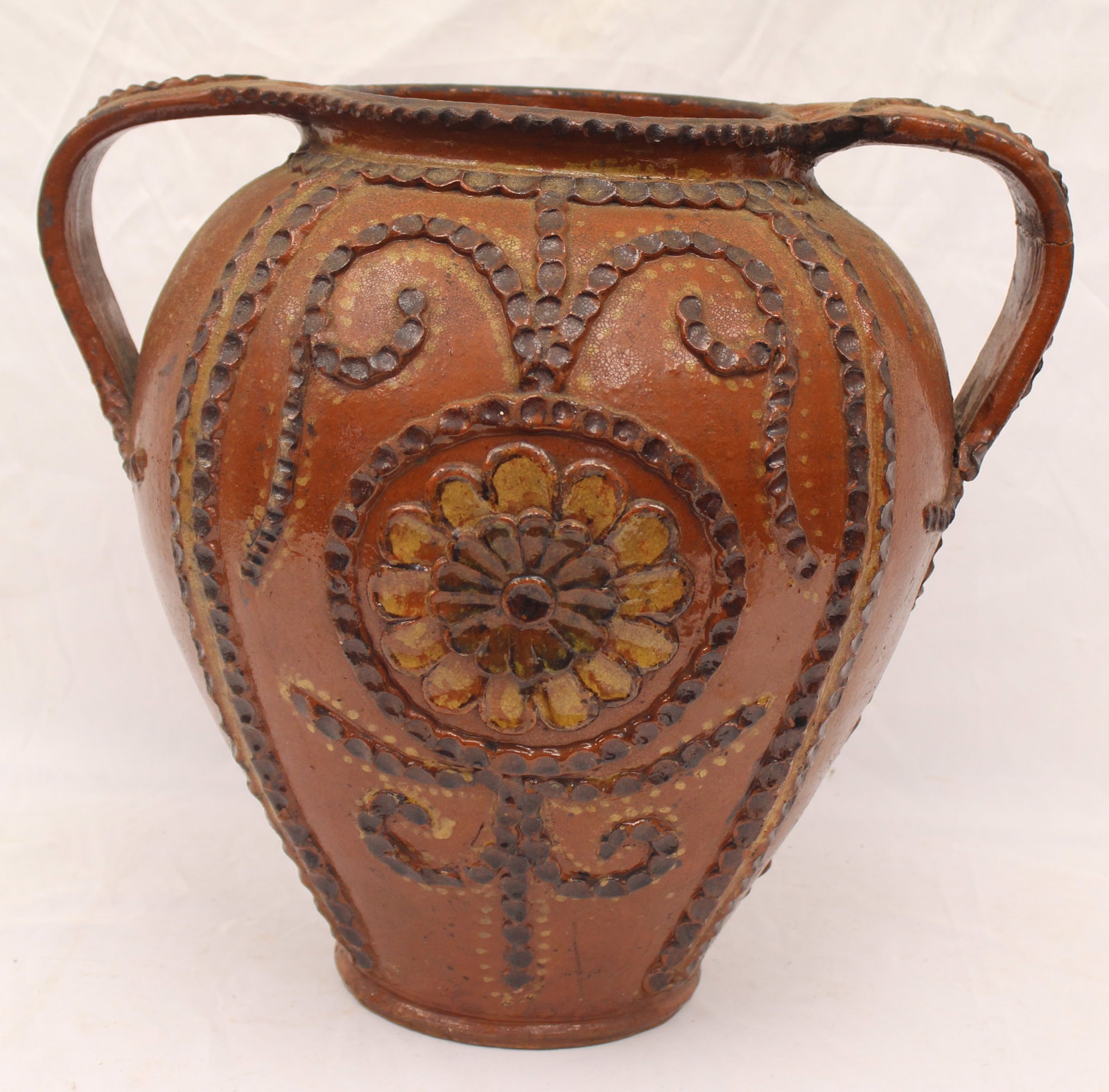 Very large antique redware 2 handled ovoid jar w applied floral & other allover decoration - 18" (1 of 14)