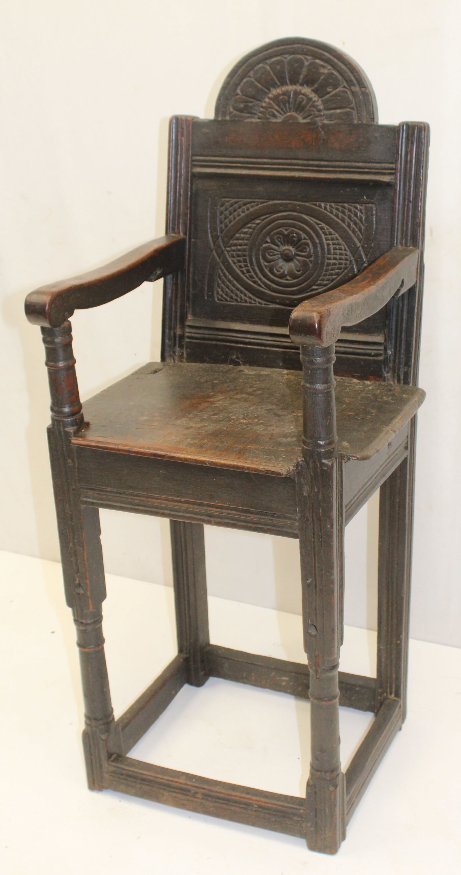 17thC carved wooden plank armchair - 38" tall x 17" wide x 15" deep (1 of 13)