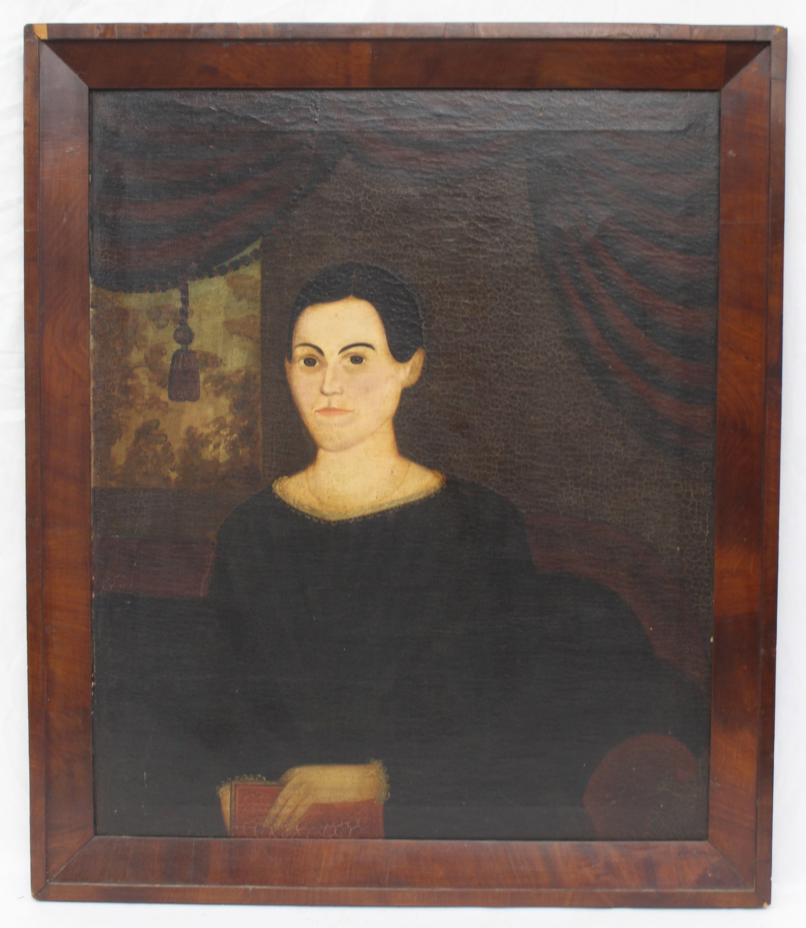 Antique o/c portrait of a woman holding a book w draped window in background - overall framed size: Antique o/c portrait of a woman holding a book w draped window in background - overall framed size 33 1/2"x28 1/2"