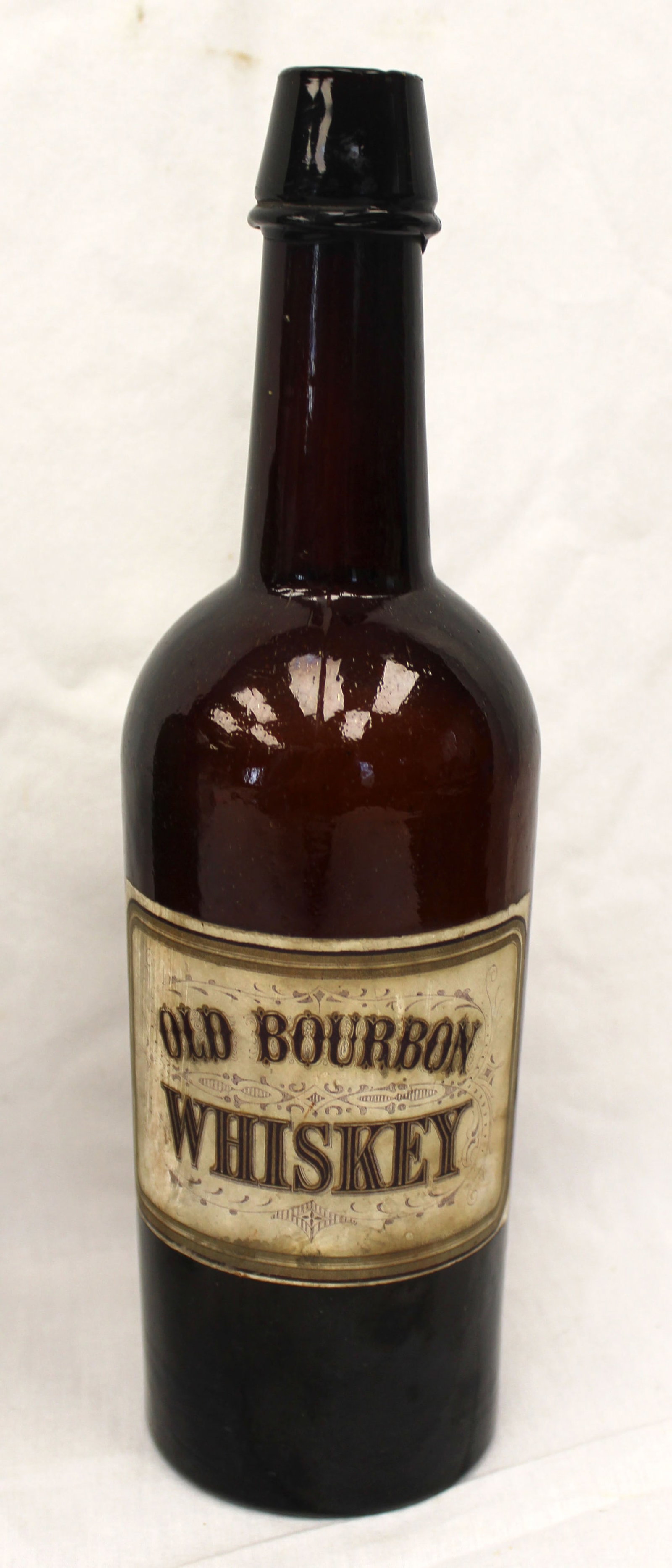 Early amber glass bottle w orig label "Old Bourbon Whiskey" - 11" tall (1 of 8)