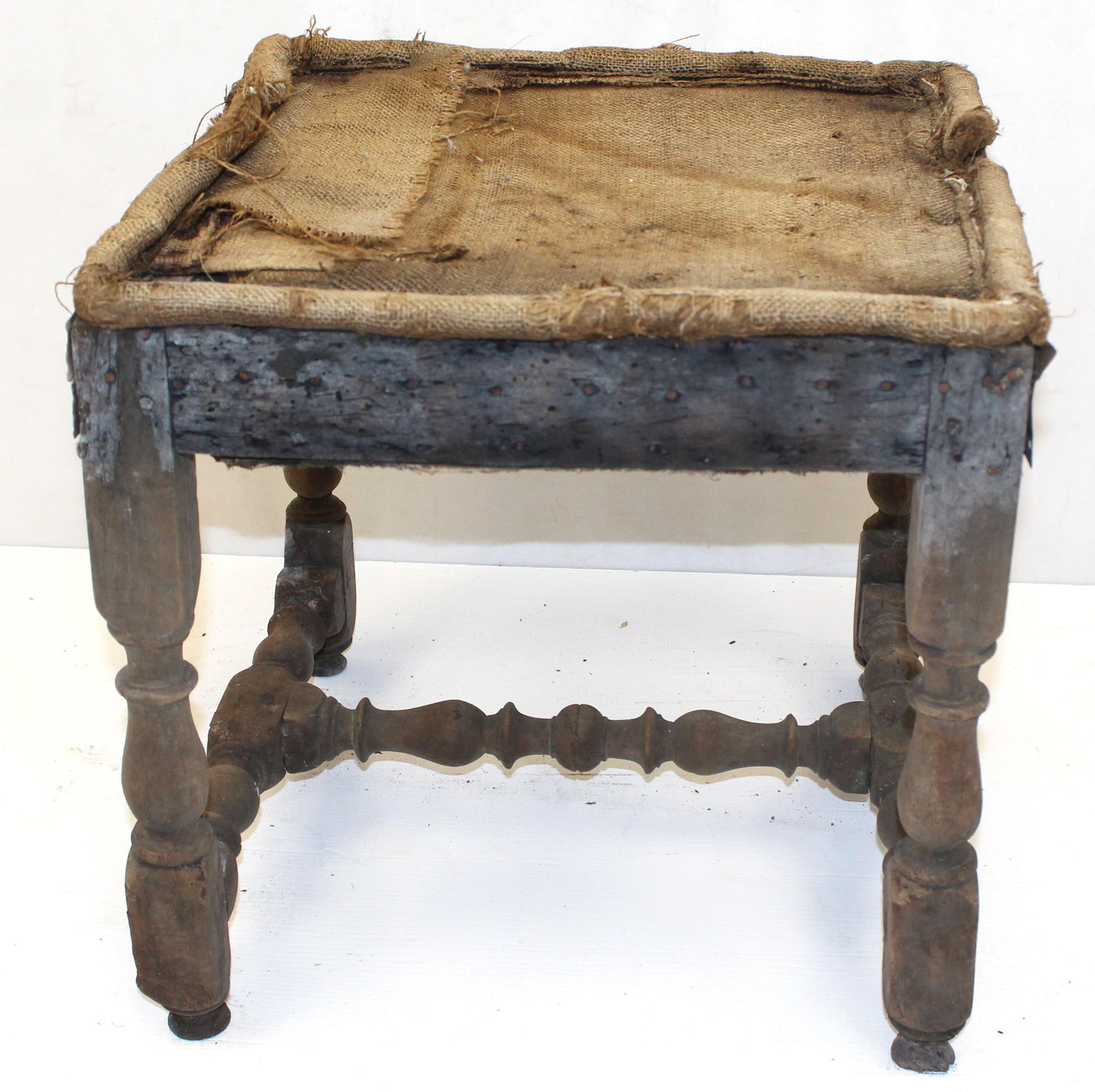 17/18thC stool on turned legs w remnants of old upholstery - 18 1/2" tall x 17"x18" (1 of 10)