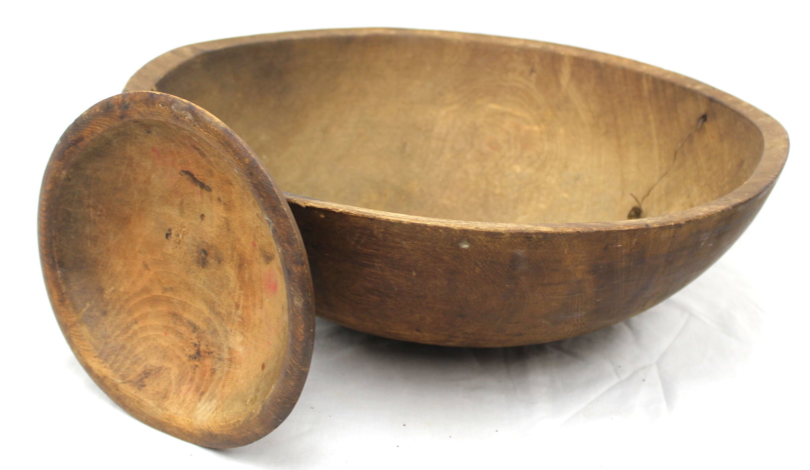 Lot of 2 antique wooden bowls - 1 large 18" diam & 1 small 9" diam - both out of round (1 of 7)