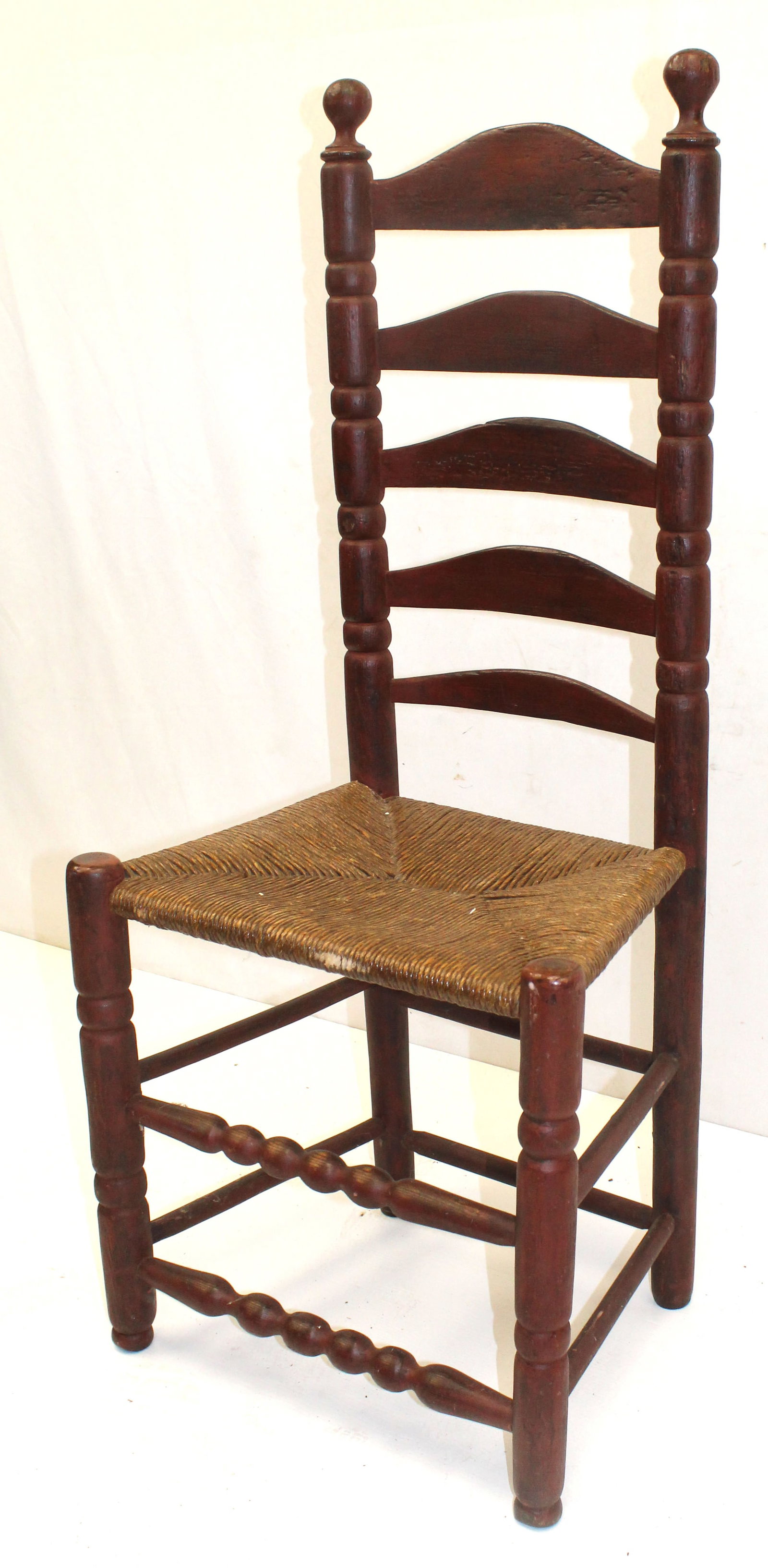 Antique 5 slat ladderback chair w rush seat in red paint - 43 1/2" tall x 13 1/2"x19 1/2" & 18" seat: Antique 5 slat ladderback chair w rush seat in red paint - 43 1/2" tall x 13 1/2"x19 1/2" & 18" seat height