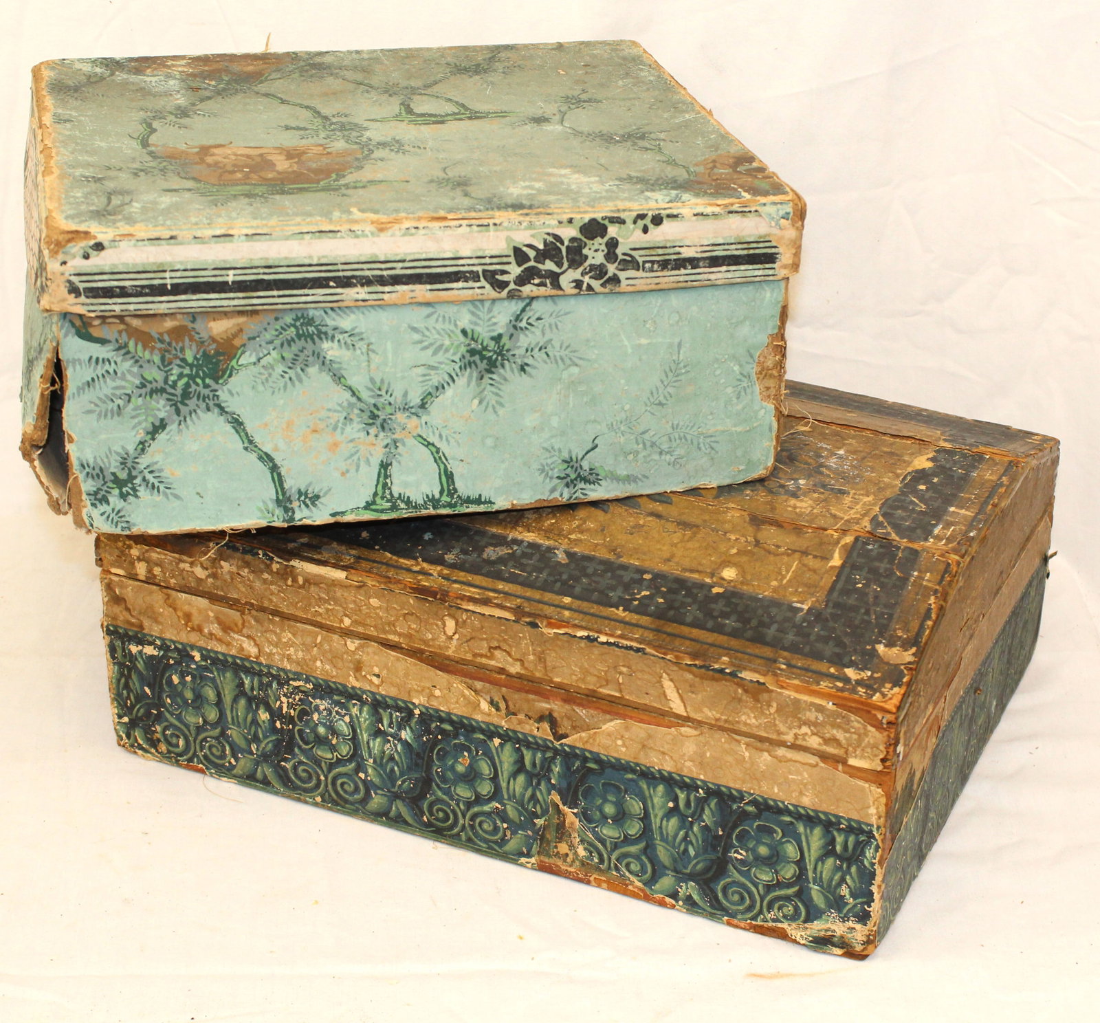 Lot of 2 antique wallpaper covered boxes incl 1 wooden - cardboard 5 1/2" tall x 13 1/2"x11" &: Lot of 2 antique wallpaper covered boxes incl 1 wooden - cardboard 5 1/2" tall x 13 1/2"x11" & wooden 7" tall x 16"x12"