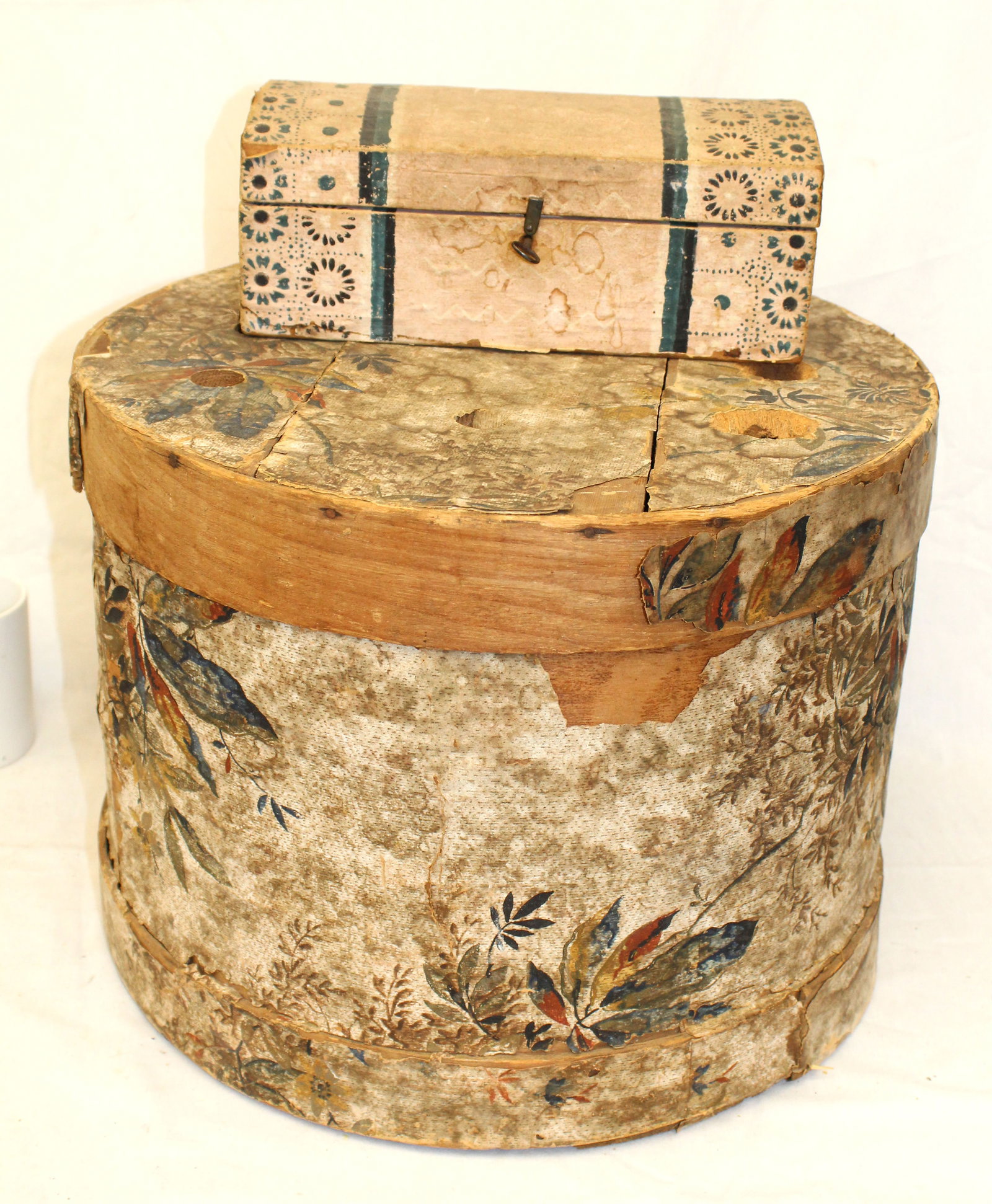 Lot of 2 antique wallpaper covered boxes incl large round & small rectangular dometop - 12" tall x (1 of 9)