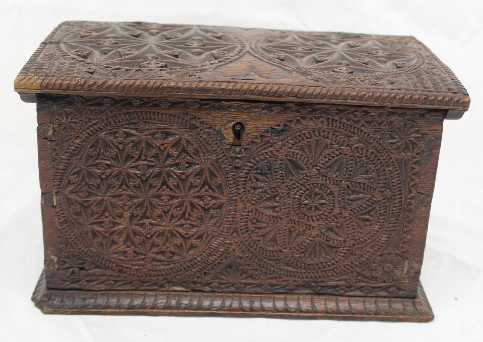17th/18thC carved wooden valuables box w heart motif & till - 5 1/2" tall x 9 1/2"x6" (1 of 11)