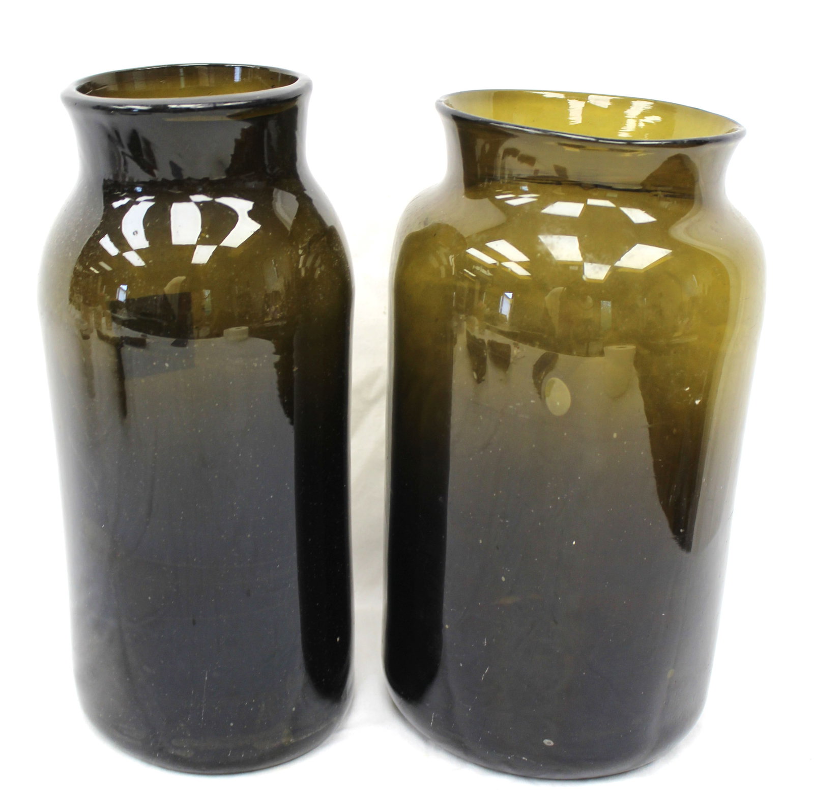 Lot of 2 early green glass jars - 12 1/2" & 10" tall (1 of 6)