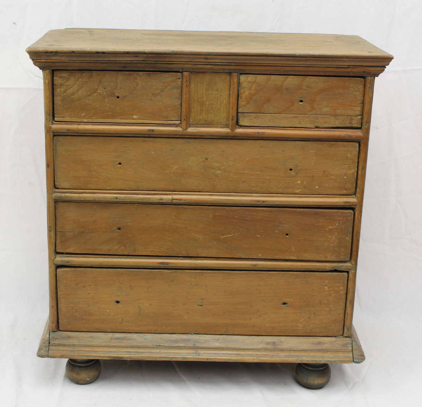 18thC diminutive Wm & Mary 2 over 3 drawer chest - missing drawer pulls - 20 1/2" tall x 21 1/2"x10 (1 of 11)