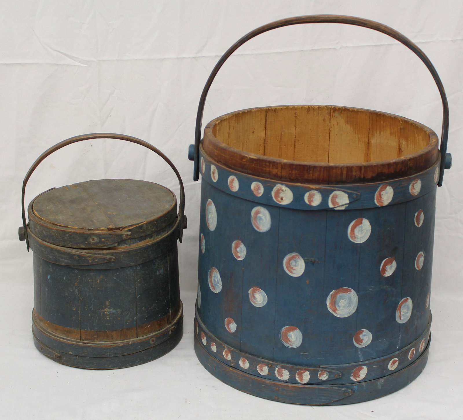 Lot of 2 antique firkins in blue paint - large one w paint decoration - missing lid - 10" tall x 9" (1 of 6)