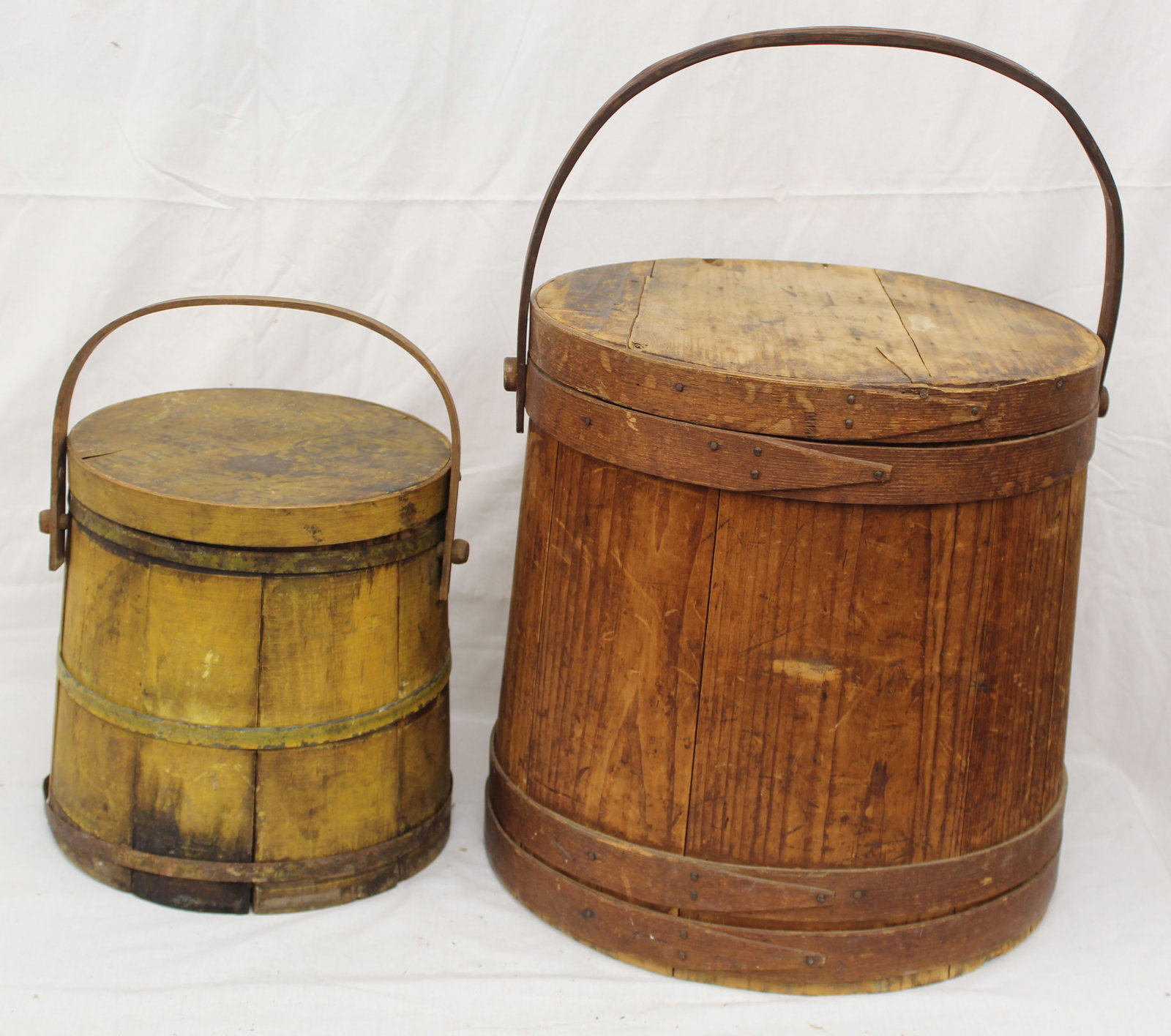Lot of 2 antique firkins incl 1 in chrome yellow paint w remnants of old label & a larger example w (1 of 8)