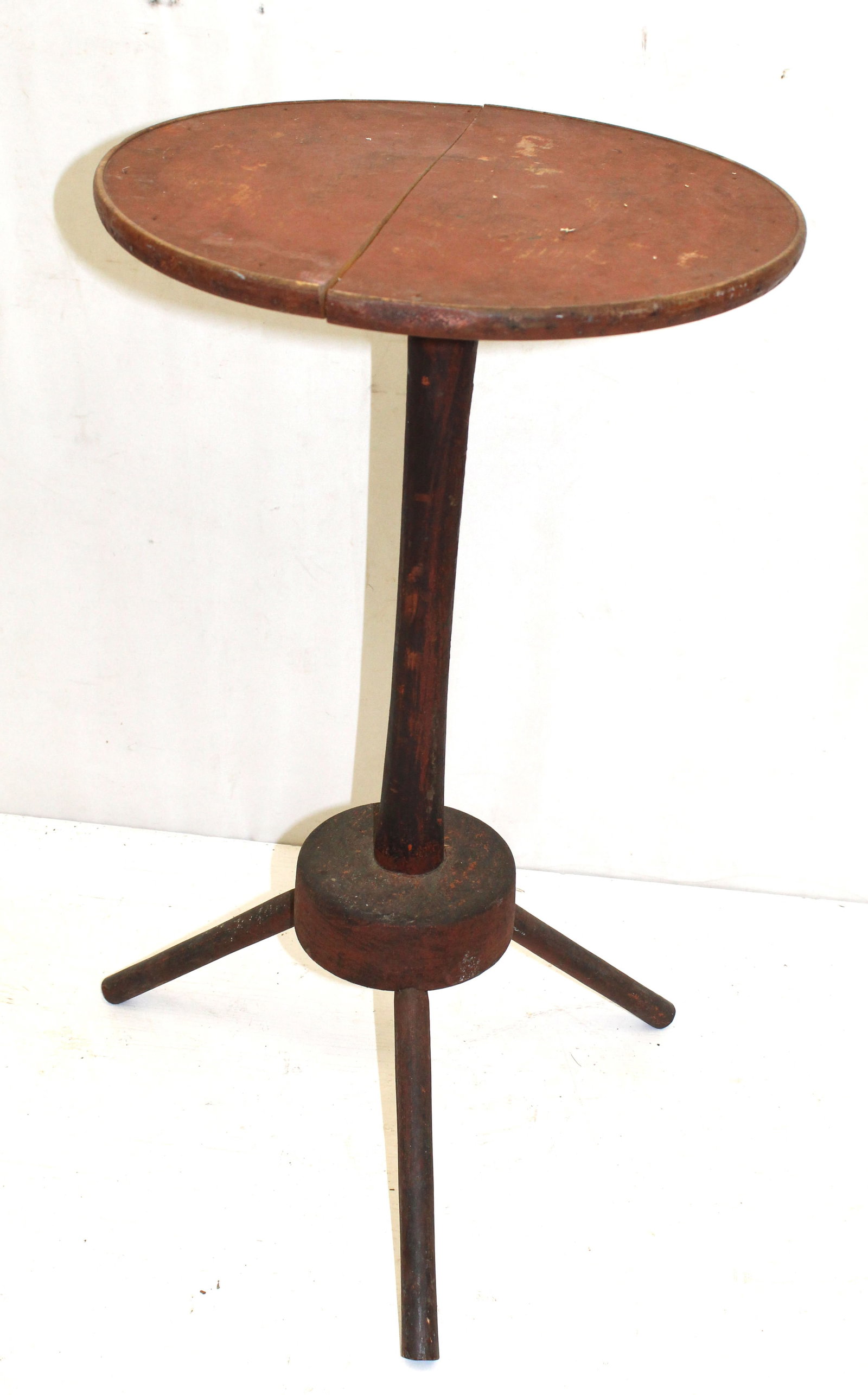 Antique round top tri-ftd candlestand in red paint - 27" tall x 16 1/2" diam (1 of 6)
