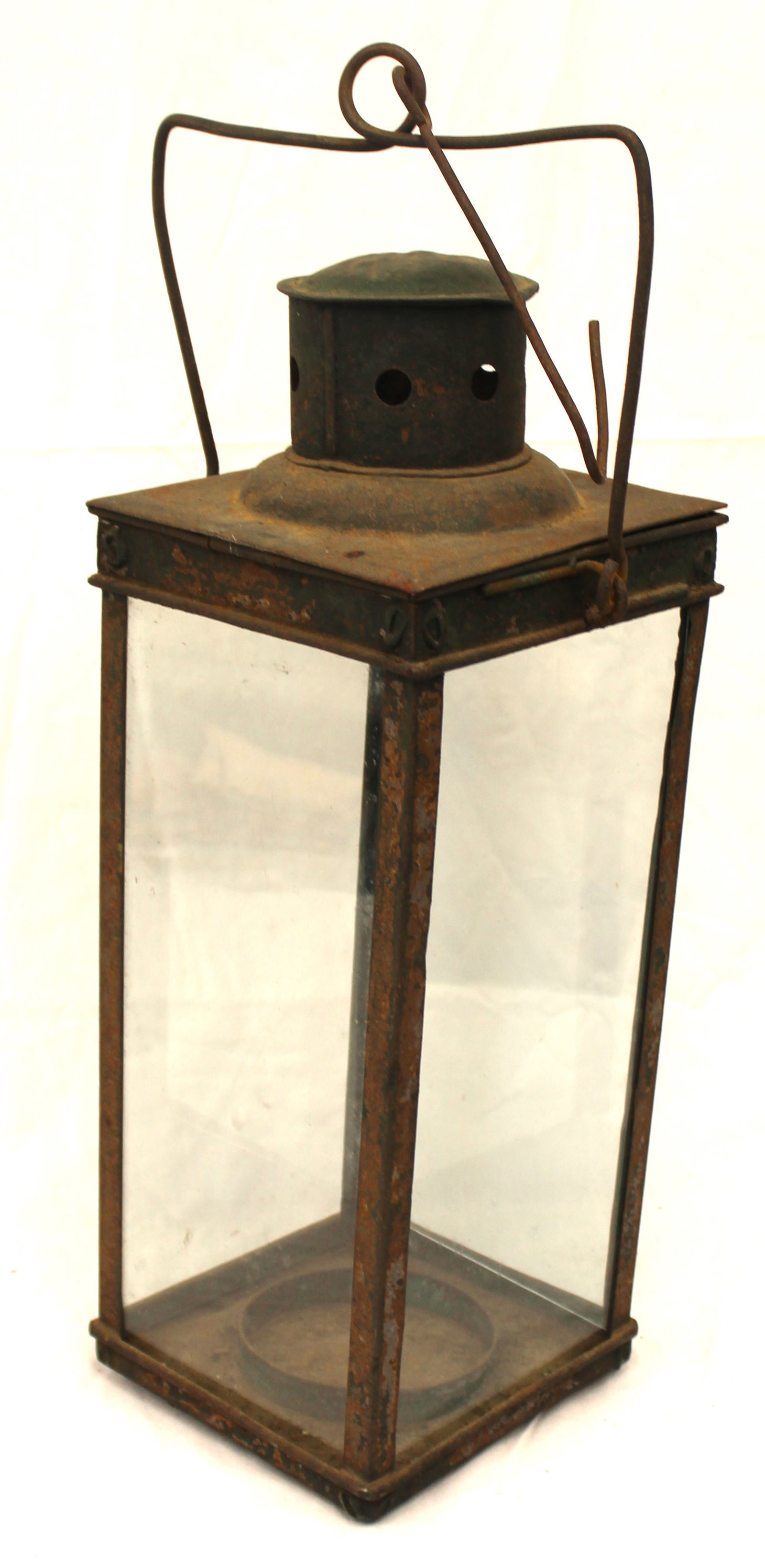 Antique unusually large tin, glass & iron lantern - 23" tall x 8 1/2" square (1 of 5)